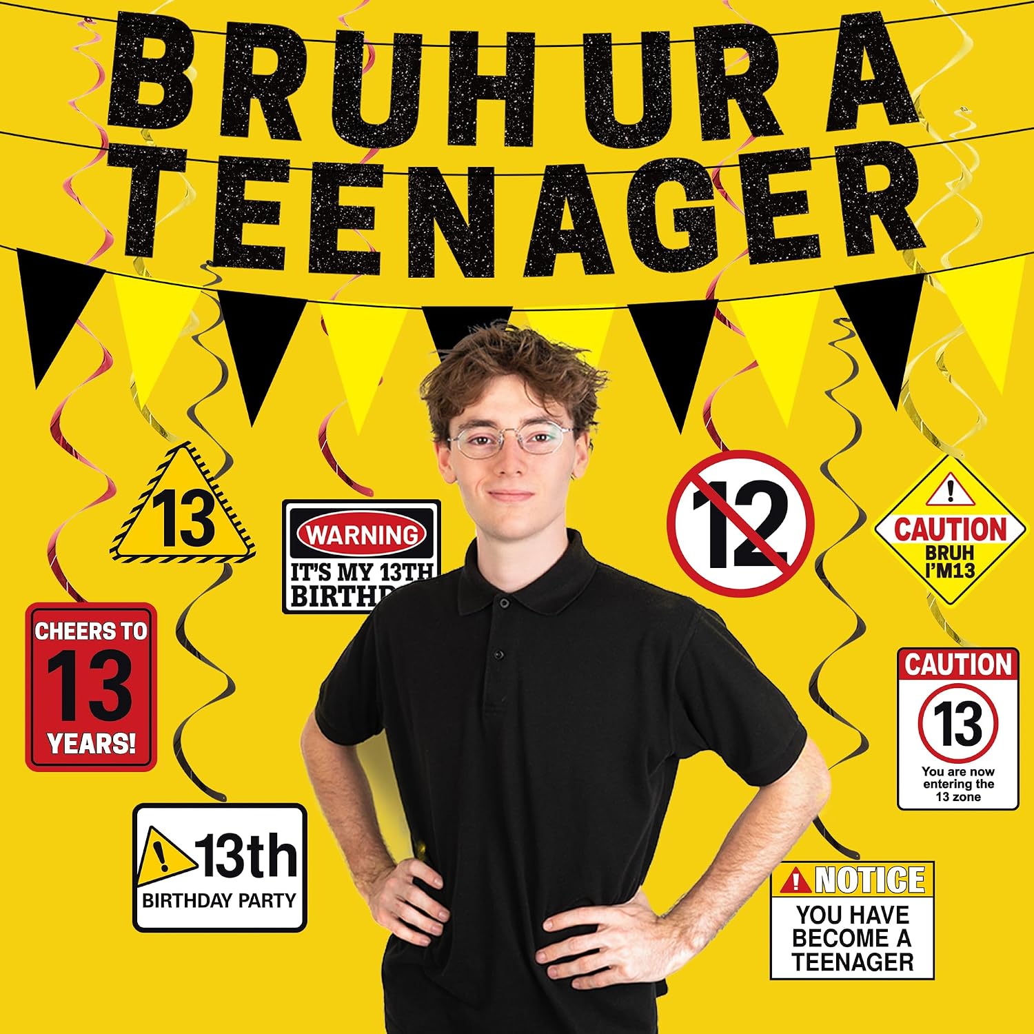 Roetyce 13th Birthday Decorations Boys Girls, Black Bruh U Are A Teenager Banner Table Centerpieces Hanging Swirls, Caution Logo Themed Happy 13th Birthday Party Photo Backdrop Background