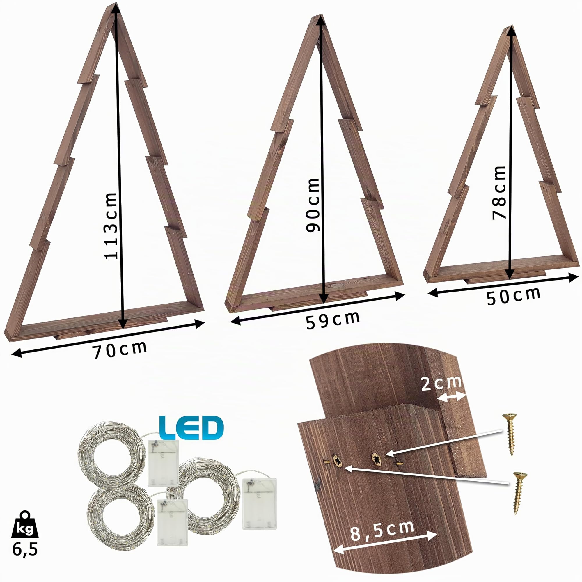 WEECO Lot de 3 Sapins de Noël en Bois XLL avec Éclairage LED - Décoration Festive 113 cm, 90 cm, 78 cm - Arbres pour Intérieur et Extérieur - Wengé