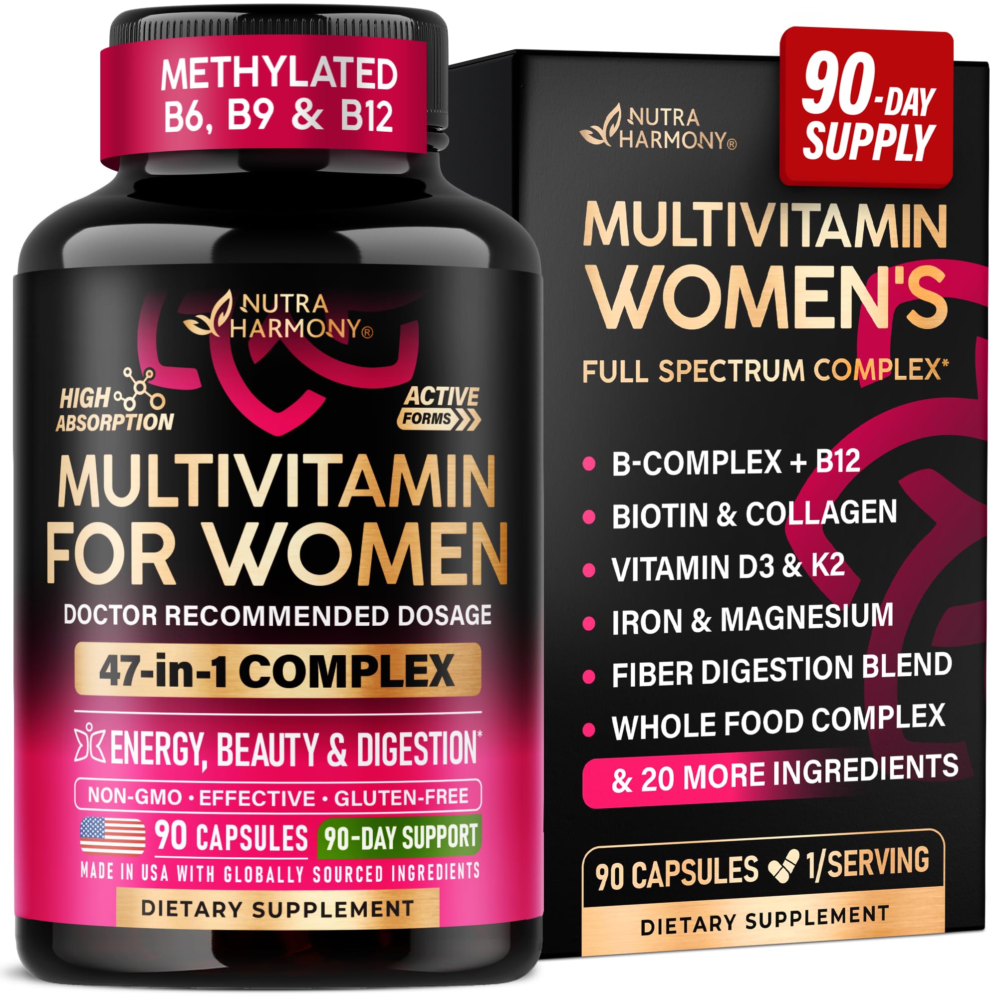 Multivitamin for Women 47in1 - B Complex, Biotin, D3 & K2, Iron - 90 Caps