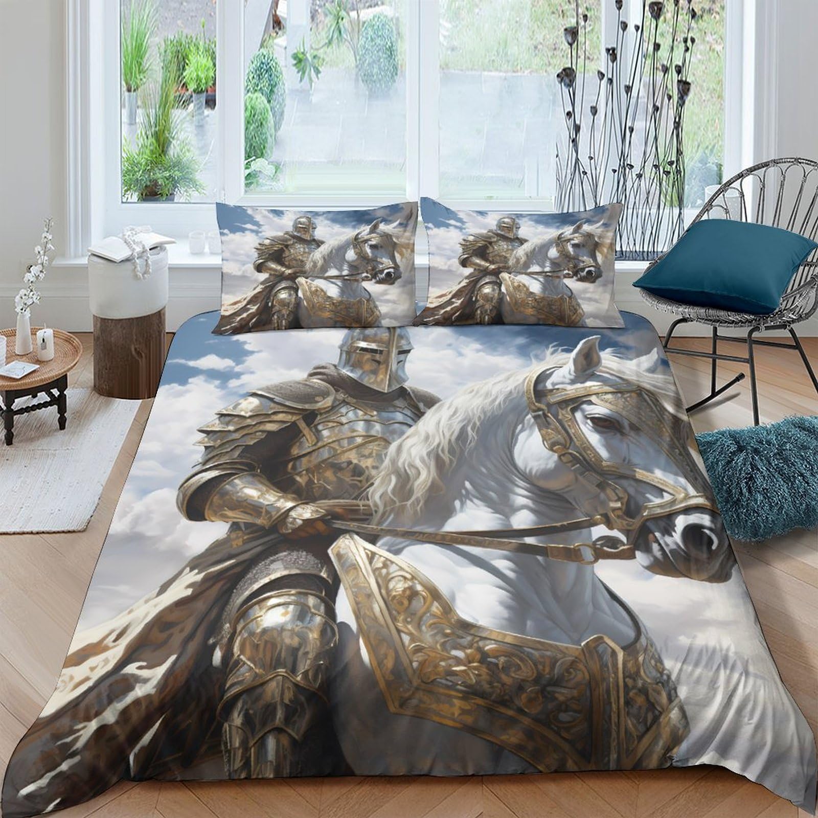GPLZQXKJNH 3D Printed Medieval Knight Horse Duvet Cover Microfiber Soft Breathable Warrior Bedding Set with 2 Pillowcases for Bedroom Home Decor Single（135x200cm）