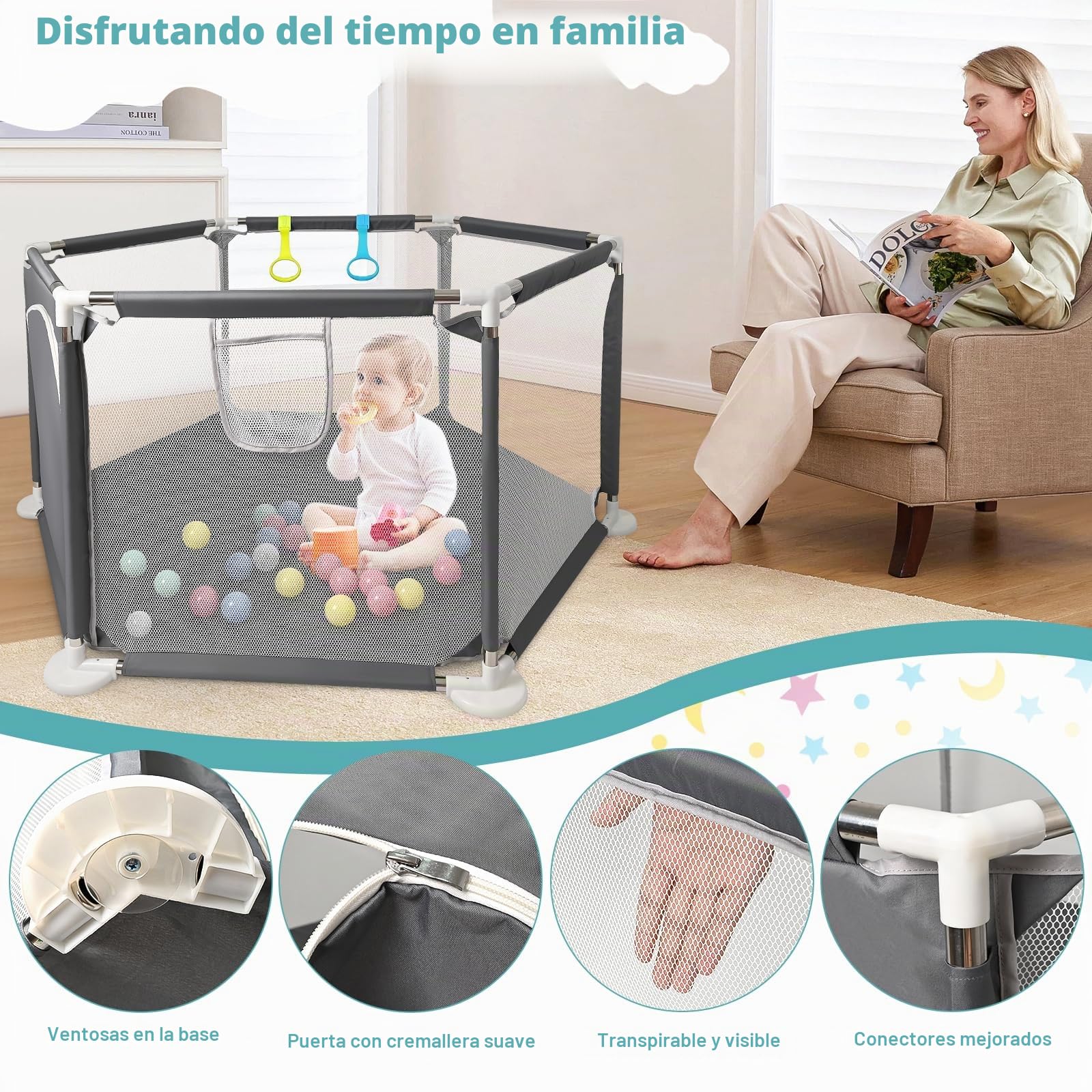 CHOLY Parque infantil para bebés y niños pequeños, parque estable hexagonal con malla transpirable, valla de actividades para niños para interiores y exteriores con bolsa de viaje (Gris oscuro)