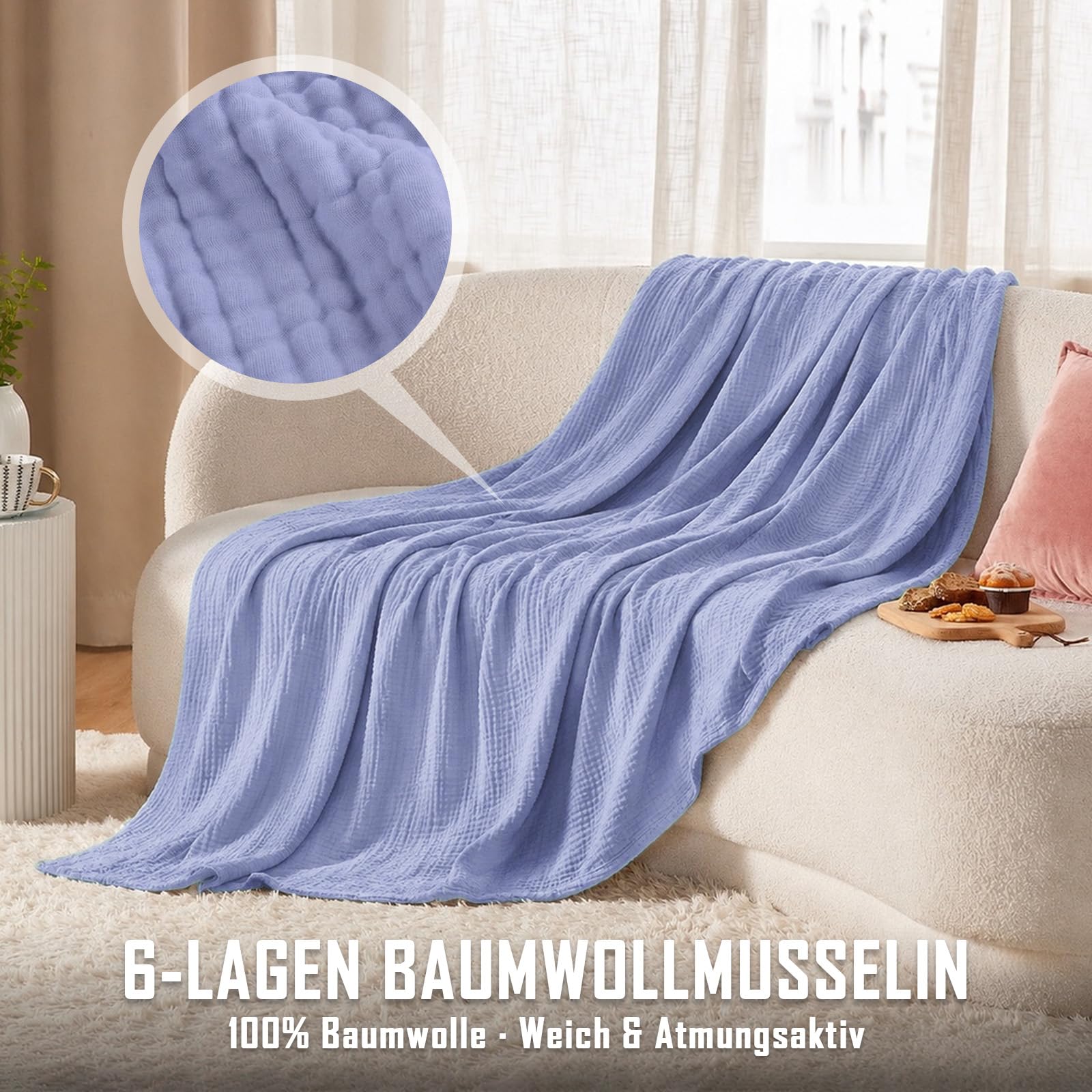 Manta de Muselina de 150 x 200 cm,100% Algodón,Manta Suave de Verano de 6 Capas,Plaid Sofa,Colcha de Muselina,Edredón para Cama y Sofá,Plaid Cama para Todo el Año(Lavanda Violeta)