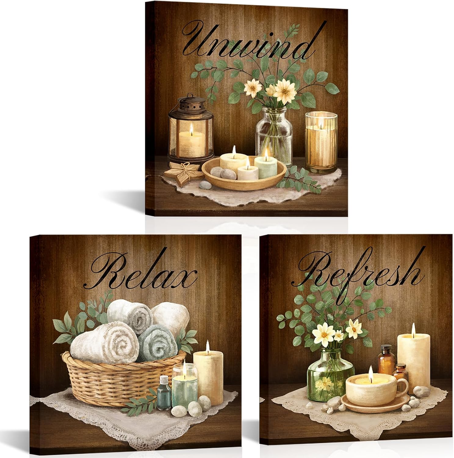 NutArtPic Bathroom Wall Art Set of 3 Unwind Relax Refresh Pictures Prints Spa Theme Candles and Flowers Art Decor Rustic Wood Background 12''x12''x3 (green)