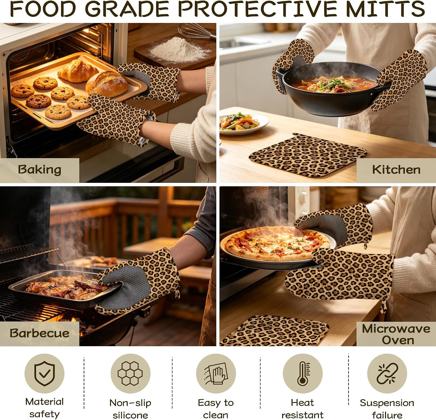 Oven Mitts and Pot Holders Leopard Print Silicone Kitchen Accessories Set of 4 Heat Resistant Gloves Potholder Non-Slip Grip for Chef Cooking Baking Grilling BBQ