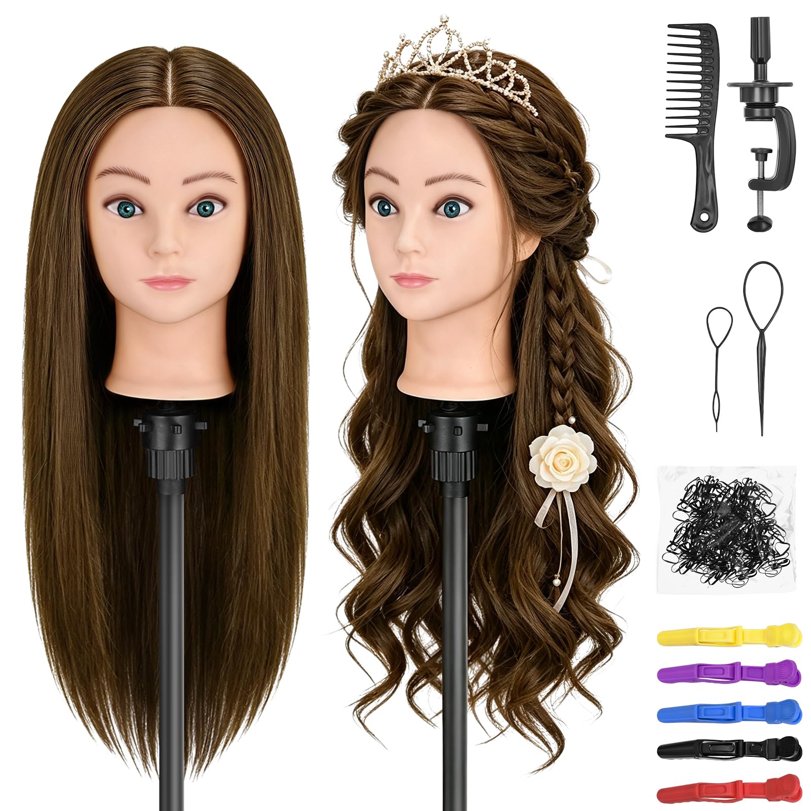 Friseur Kopf Frisierkopf 100% Echthaar 20 Zoll Trainingsköpfe für Friseure Friseurkopf Übungskopf Puppen Kopf zum Frisieren Kosmetik Puppenkopf Mannequin kopf mit Tischhalter + Haare Zubehör