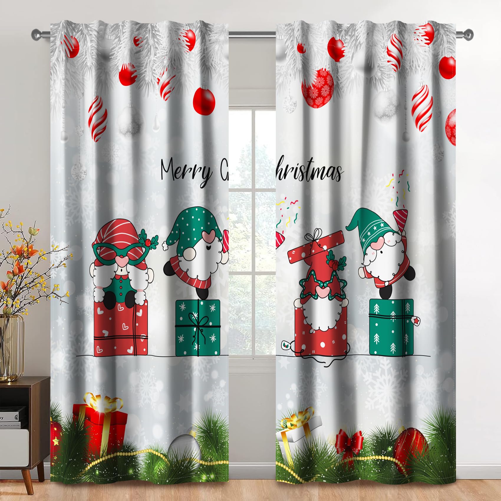 Kzzfqxb Cortinas 117x138cm 2 Paneles, Navidad Año Nuevo Copos de Nieve Regalos Papá Noel enanitos Dibujos Animados filtrado luz Cortina, decoración Festiva para Sala de Estar Dormitorio Infantil