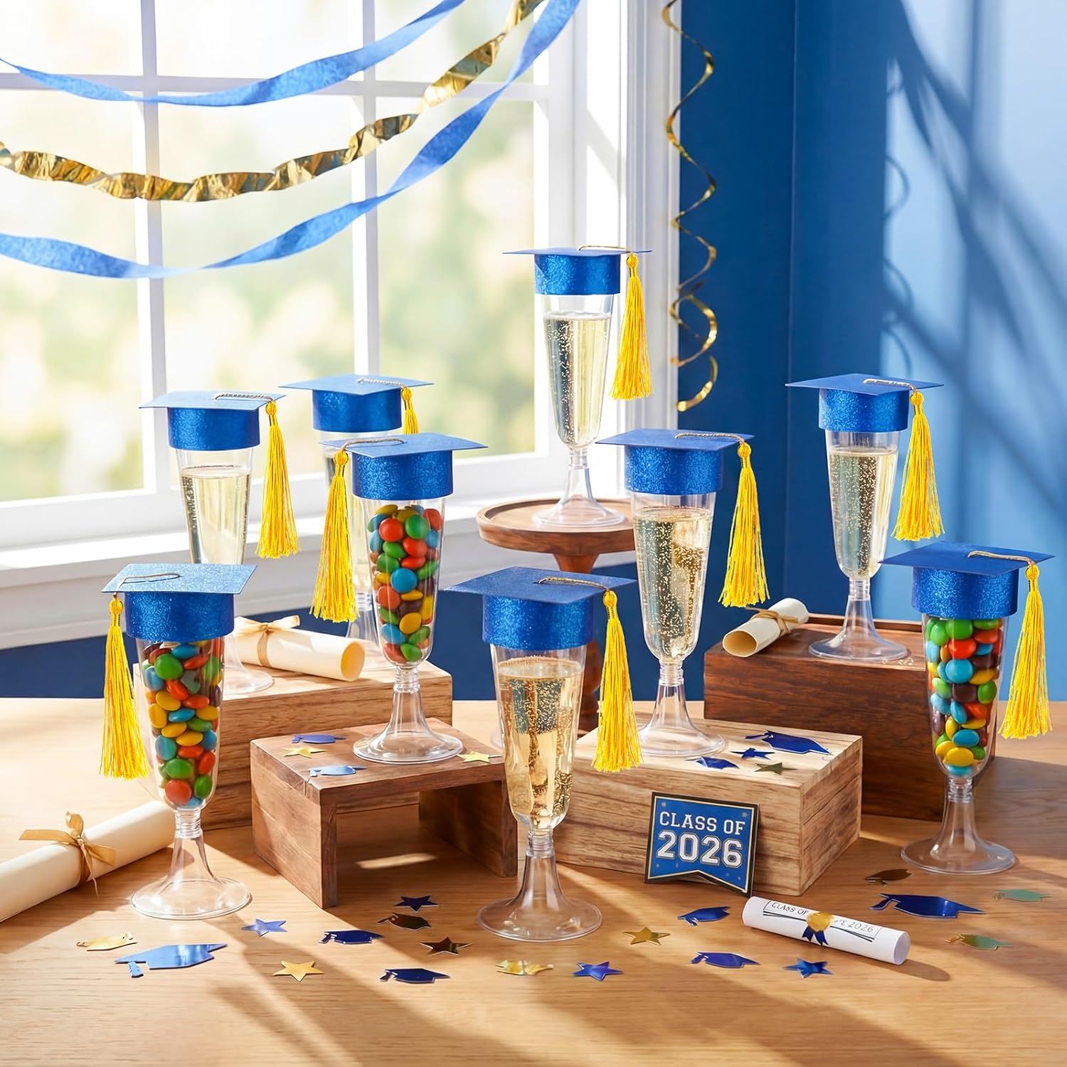 Ziliny 24 Set Graduation Cap Champagne Plastic Flutes with Graduation Cap Champagne Topper 2026 Grad Party Decoration