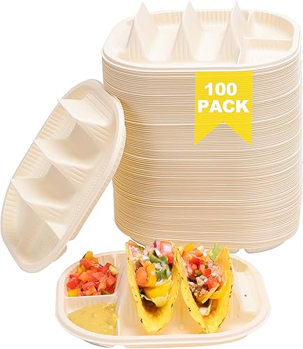 LUVCOSY 50 platos desechables pequeños para tacos para fiestas, soportes para tacos de almidón de maíz con 2 áreas de inmersión, capacidad para 2