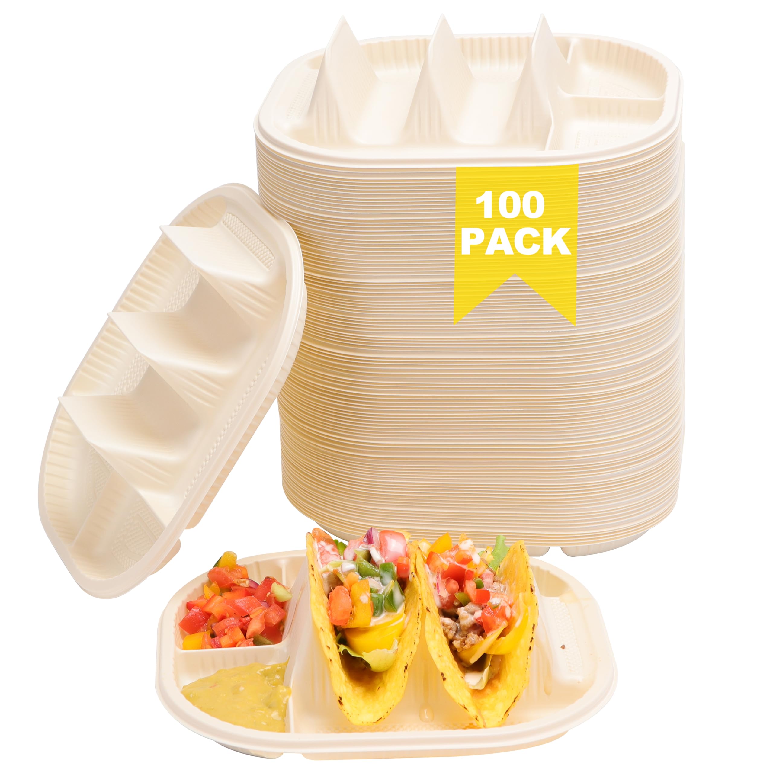 100 Pack Disposable Taco Holder With Dipping Sides, Biodegradable Cornstarch, Fits 4-6 Inch Soft or Hard Tortillas, Taco Bar Serving Set For A Party, Microwave Safe