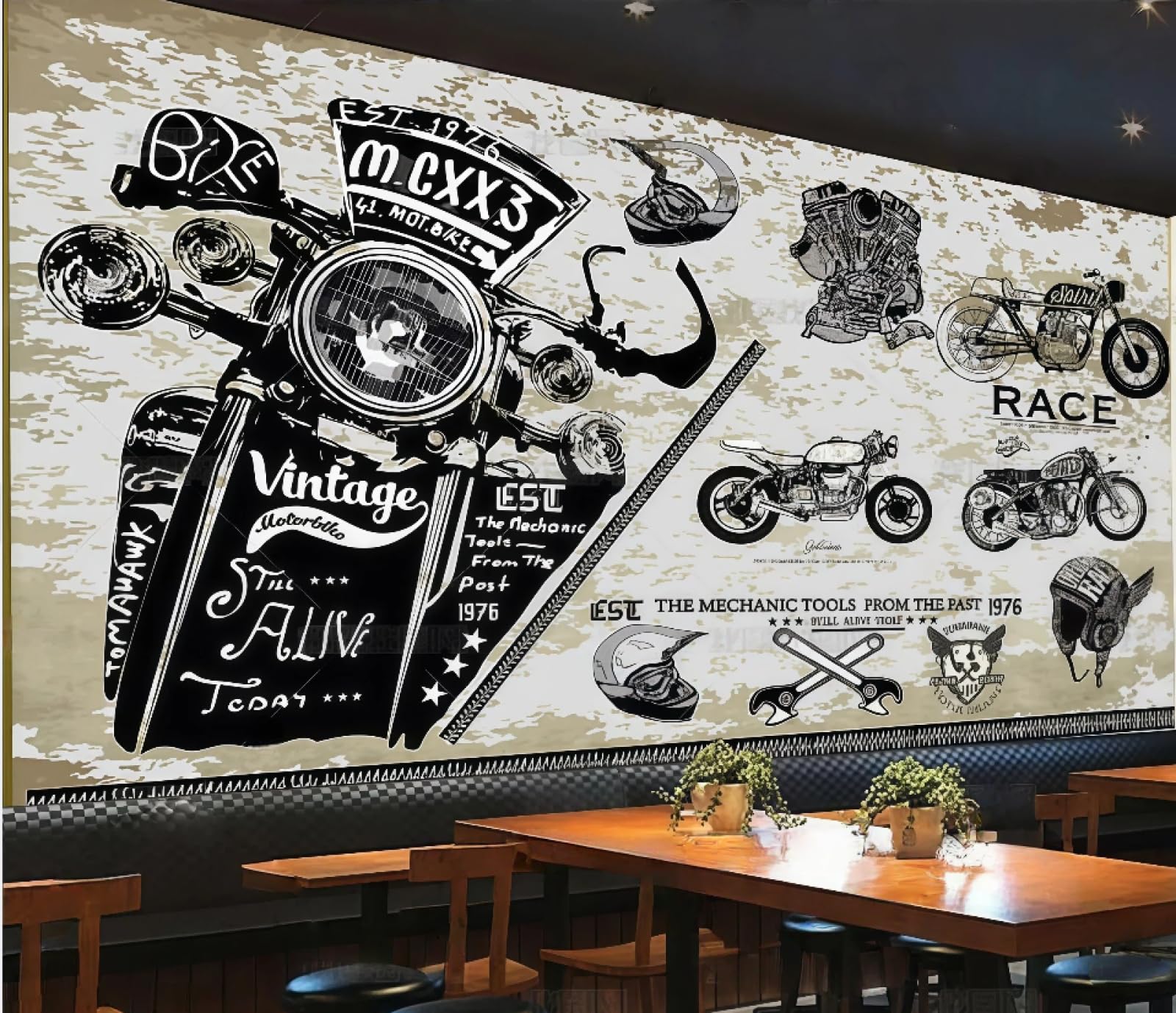 rskjdghshd Wallpaper Retro Nostalgia Motorcycle English Alphabet Music Theme Bar Western Restaurant Background Wall Mural Afternoon Tea Coffee Shop Wallpaper,3D,430x300cm