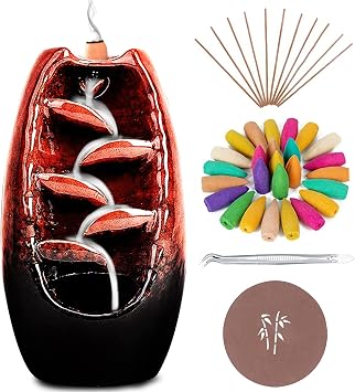 Anbar Backflow Incense Burner with 120 Cones, 30 Sticks, Tongs, and Table Mat, Natural Aromatherapy with Ceramic Smoke Waterfall, Supports Meditation and Relaxation, Home Decor Red