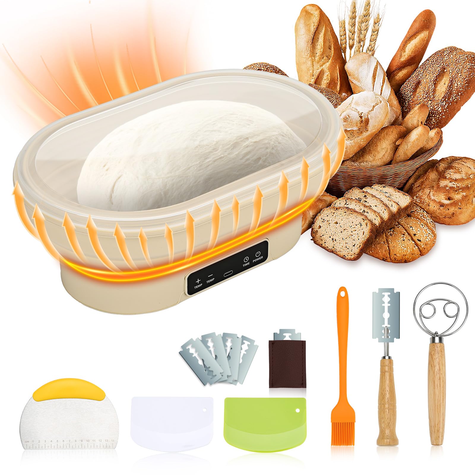 Set di cestini elettrici per lievitazione lievitazione – Ciotola termostatica in silicone da 2 l, kit da 7 pezzi. Riempimento più veloce dell'impasto, facile da pulire. Perfetto per gli appassionati