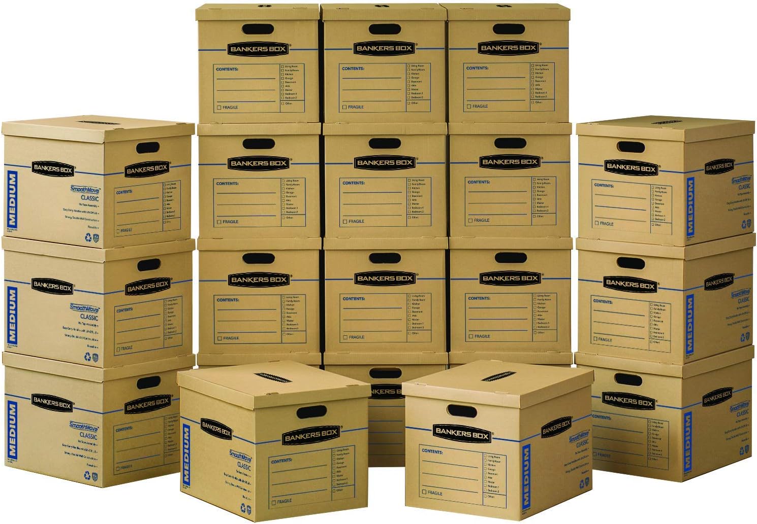 Medium Classic Moving Box, 20-Pack, Reinforced Handles, Tape-Free Assembly, 19 x 14.5 x 15.5 Inches (8817202)