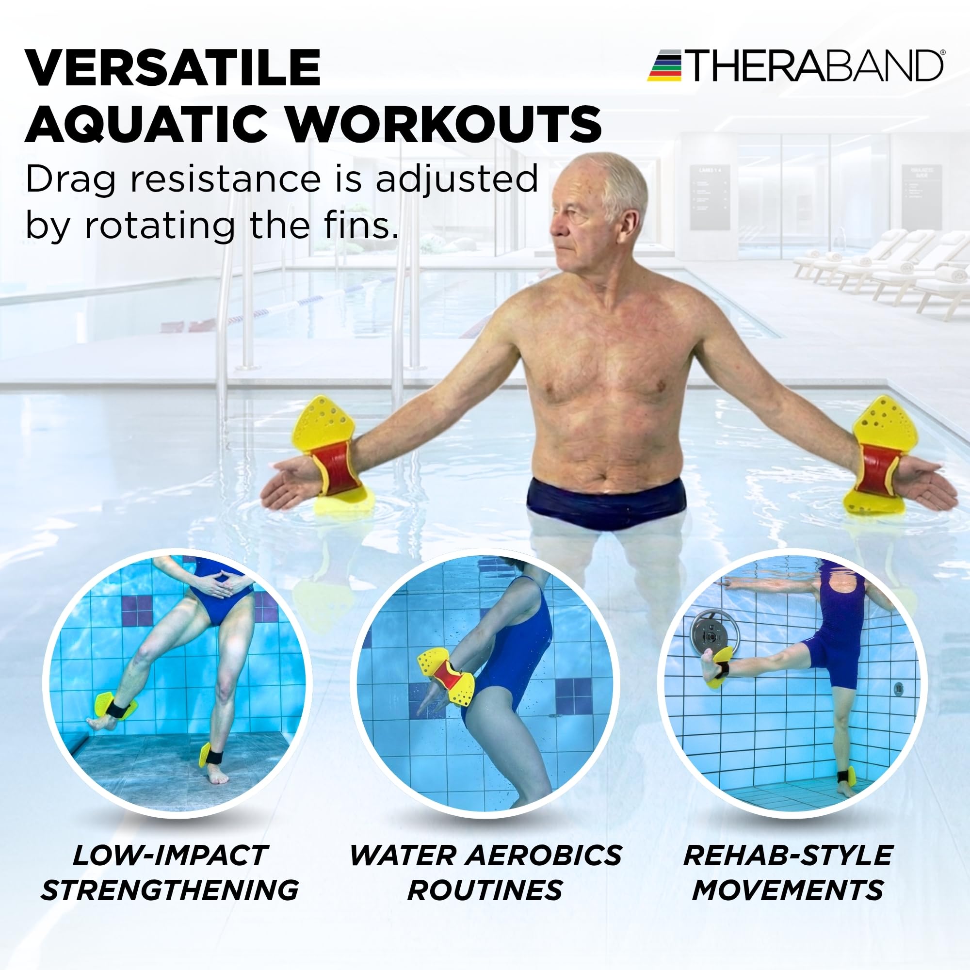 TheraBand Aquafins - Kit di esercizi acquatici per allenamento di resistenza all'acqua per parte superiore e inferiore del corpo, fisioterapia in piscina, attrezzatura per aerobica in acqua, 2 pinne,
