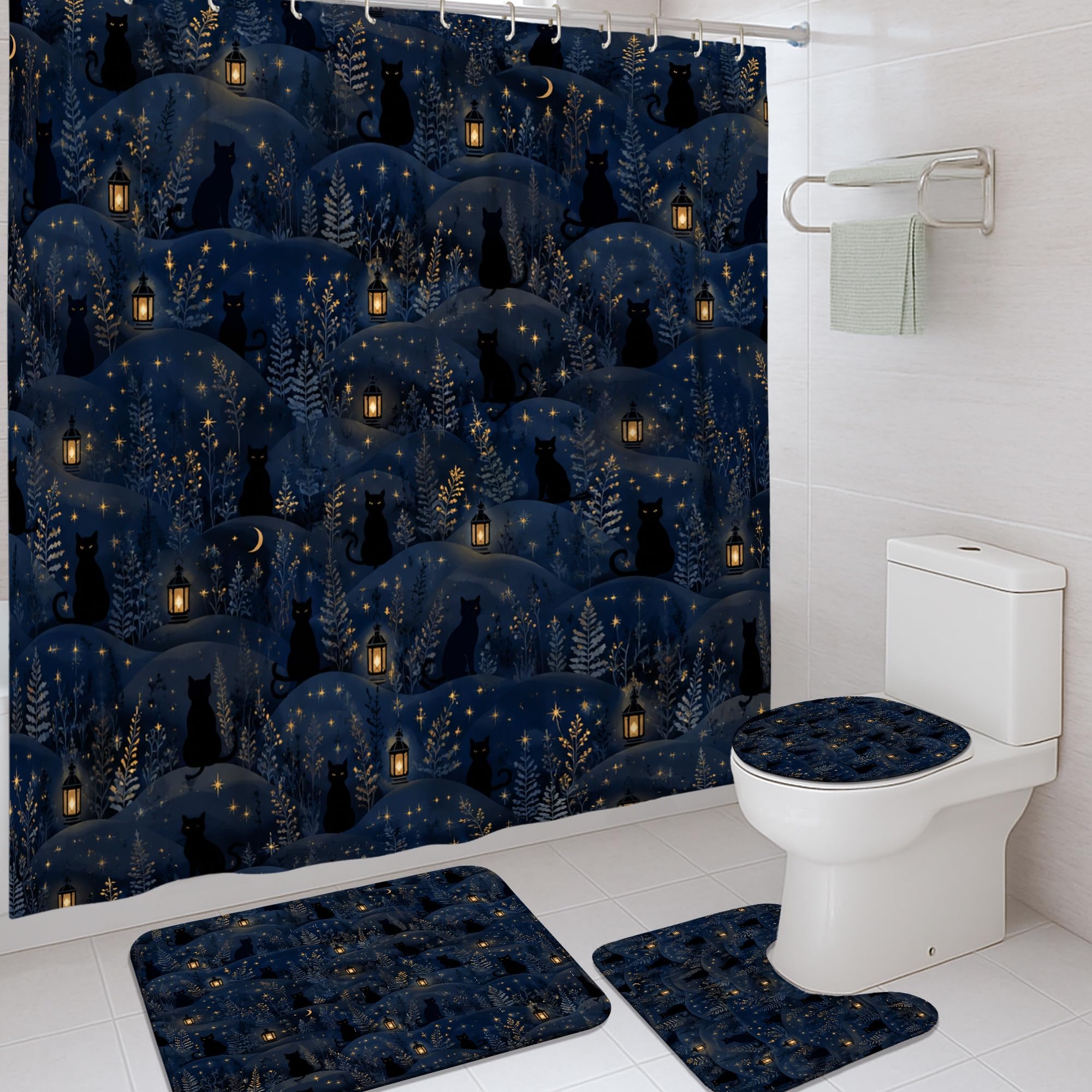 Rideau de douche imperméable anti-éclaboussures bleu marine et son tapis de bain doux