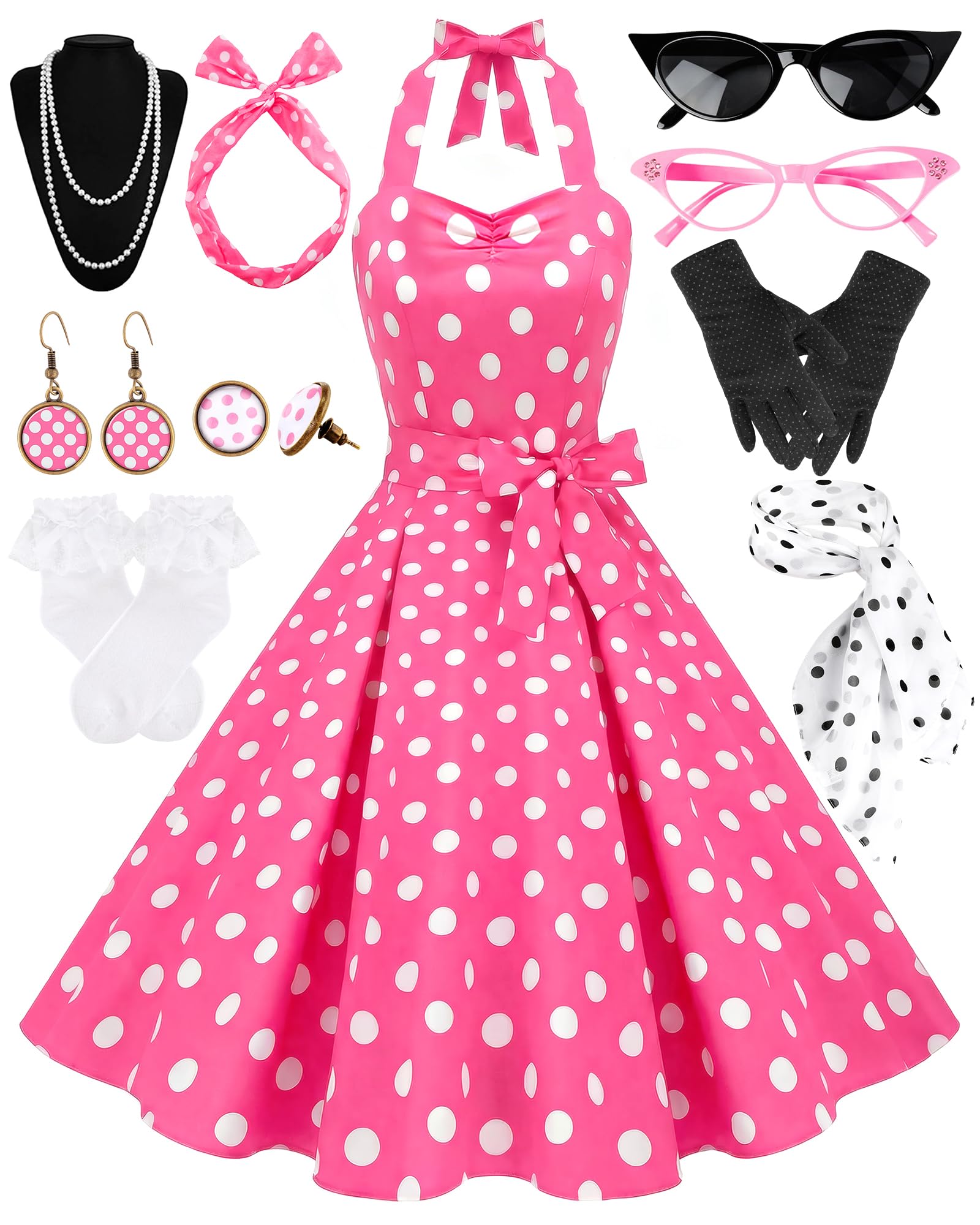 WILDPARTY Women's 1950s Polka Dress Set Vintage Outfit with Accessories(Pink whitedot-M)