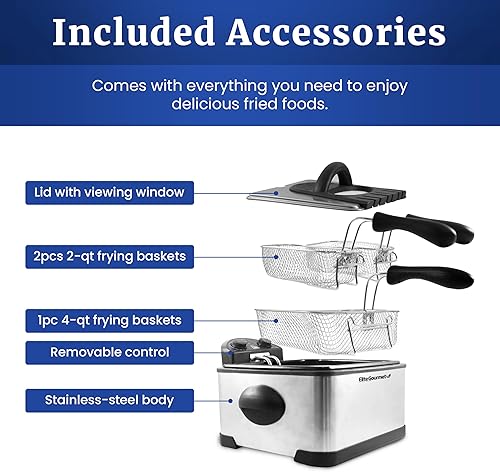 Miniatura 6 de Freidora eléctrica a inmersión con temporizador y filtro antiolor de Elite Platinum EDF-401T Maxi-Matic 1700-Watt de triple cesta en acero