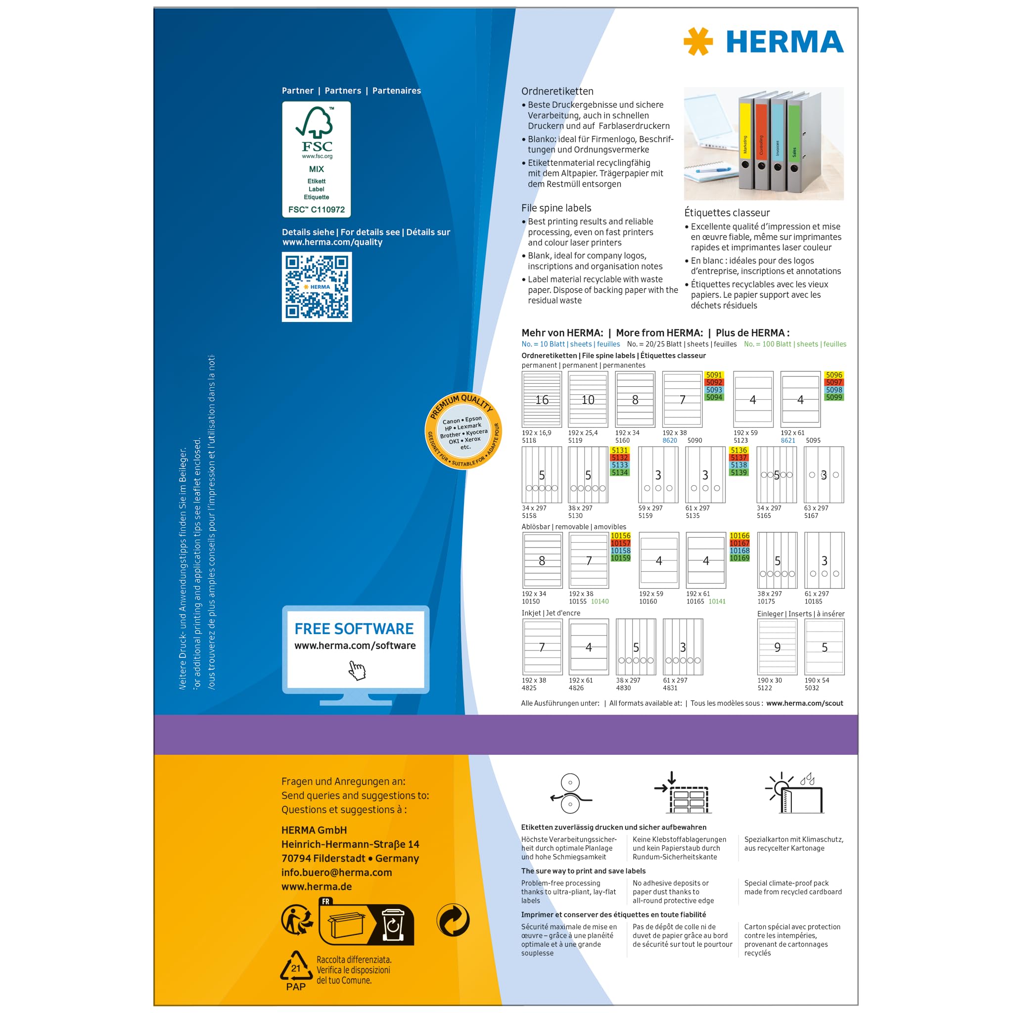 HERMA 4296 Ordnerrücken Etiketten kurz breit, 1400 Blatt, 192 x 61 mm, 4 pro A4 Bogen, 5600 Stück, selbstklebend, bedruckbar, blickdicht, blanko Papier Ordneretiketten Rückenschilder Aufkleber, gelb