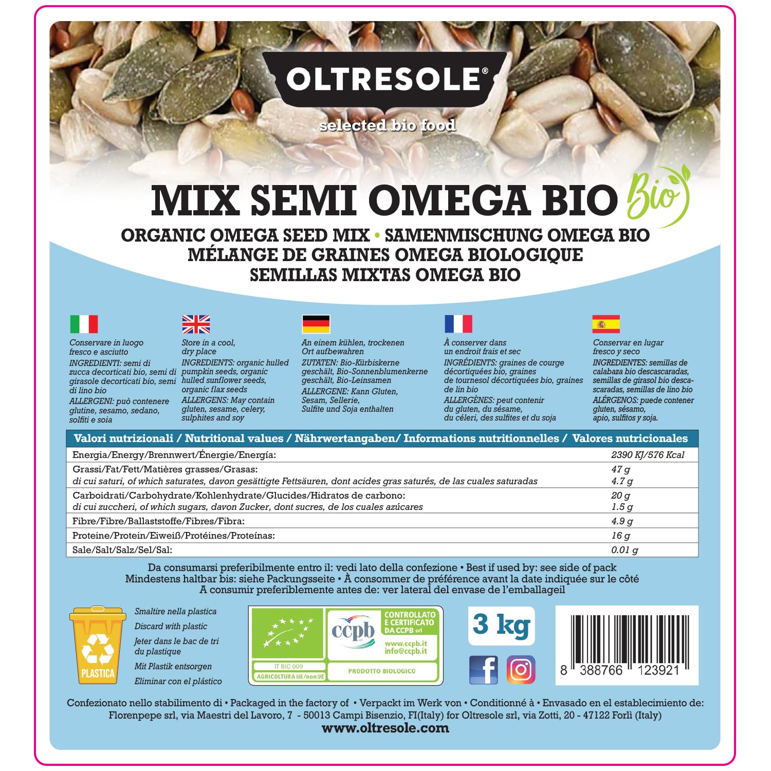 Oltresole, Organic Omega Seed Mix 3 kg (Pumpkin, Sunflower and Flax Seed Mix), Mélange de 3 graines grasses crues et entières, riches en protéines, fibres et oméga-3, idéal pour les salades