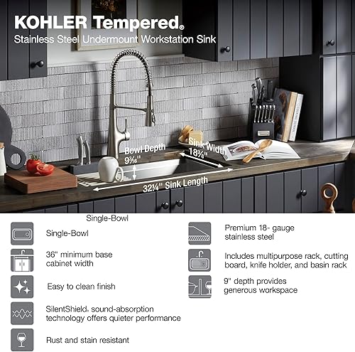 Miniatura 3 de Kohler K-28876-NA Kohler K-28876 - Fregadero de cocina de acero inoxidable templado de 32 pulgadas con colador y tabla de cortar
