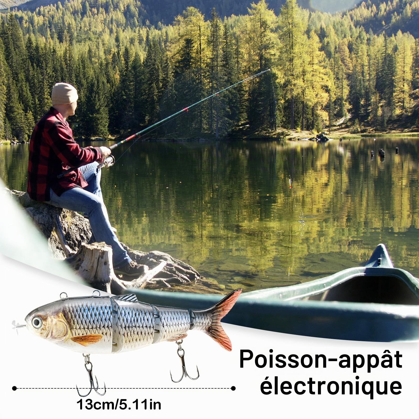 Appât de Pêche Électrique Multi-articulé de 13 cm avec Lumière LED Verte pour Brochet - Appât de Natation Électrique - Rechargeable USB - Blanc - 1 Pièce