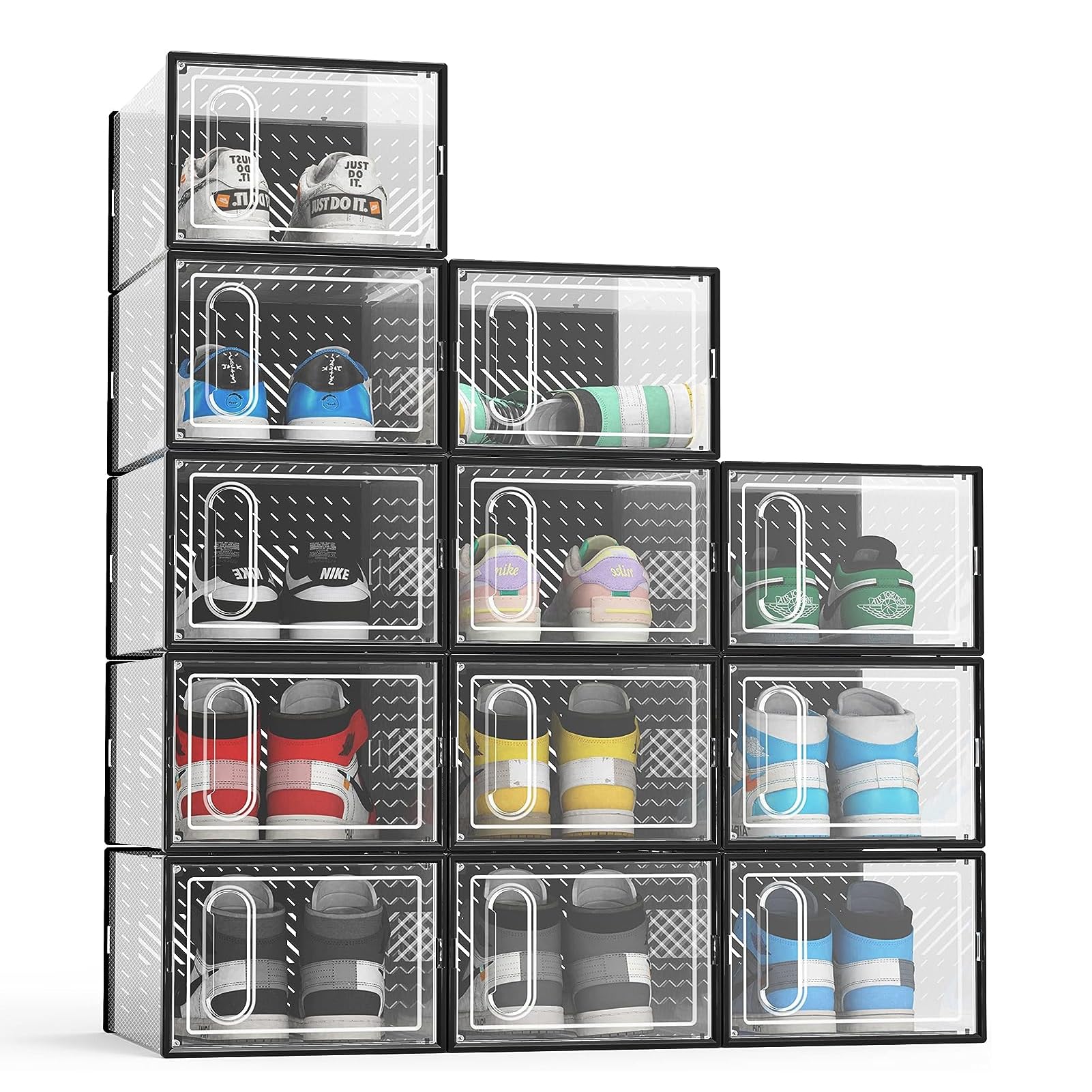 TDOO Large Shoe Storage Box with Magnetic Door, Large 12-Pack Shoe Storage Box, Height 18cm Shoe Boxes Good for Boot&High Heels- Clear Plastic Stackable Shoe Organizer（Black）