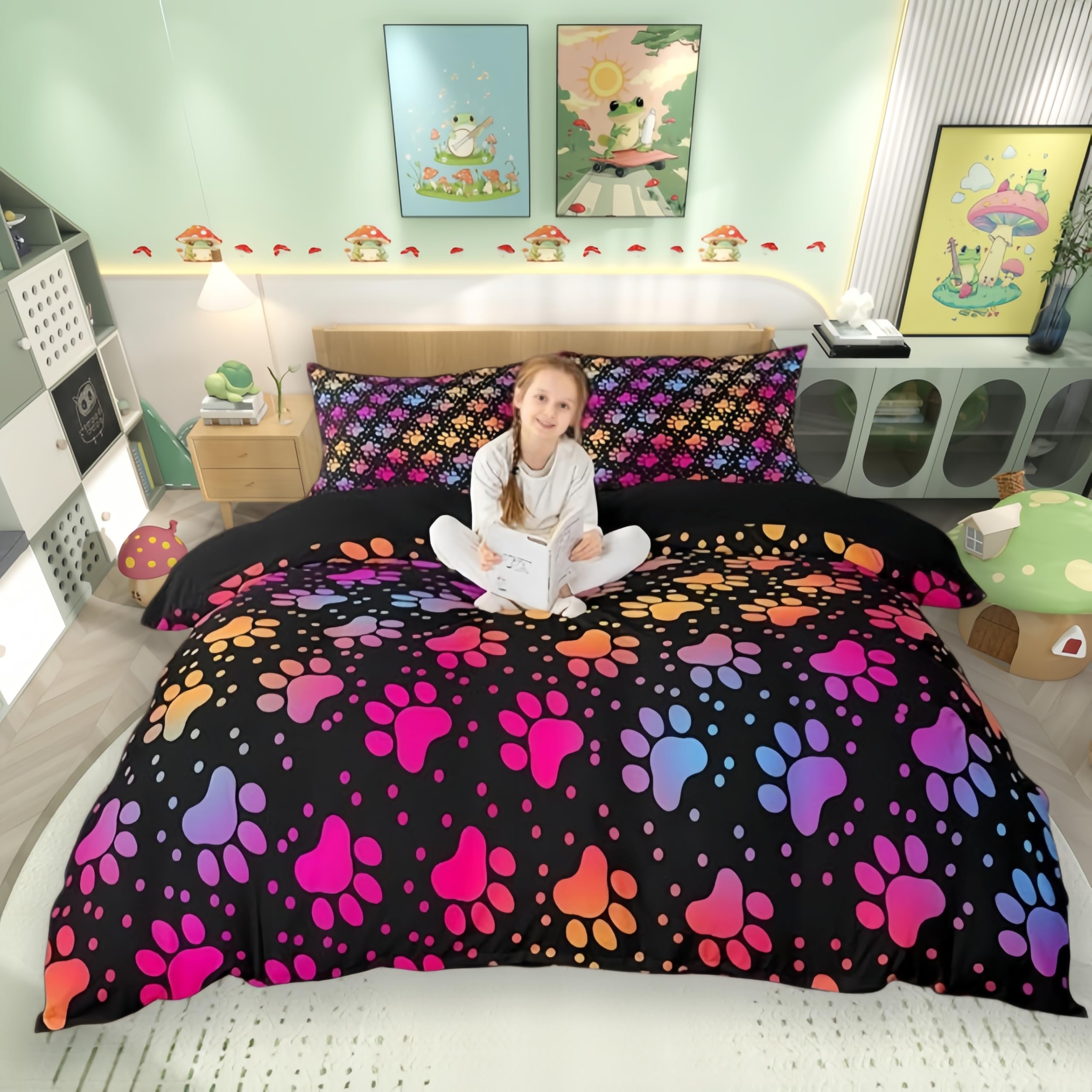 feelingyou Dog Paw Print Comforter Cover King Size,Watercolor Gradient Puppy for Dog Lover Bedding Set for Modern Room,Funny Pets Animal Duvet Cover Set with 2 Pillowcases, Ultra Soft Bed Spread