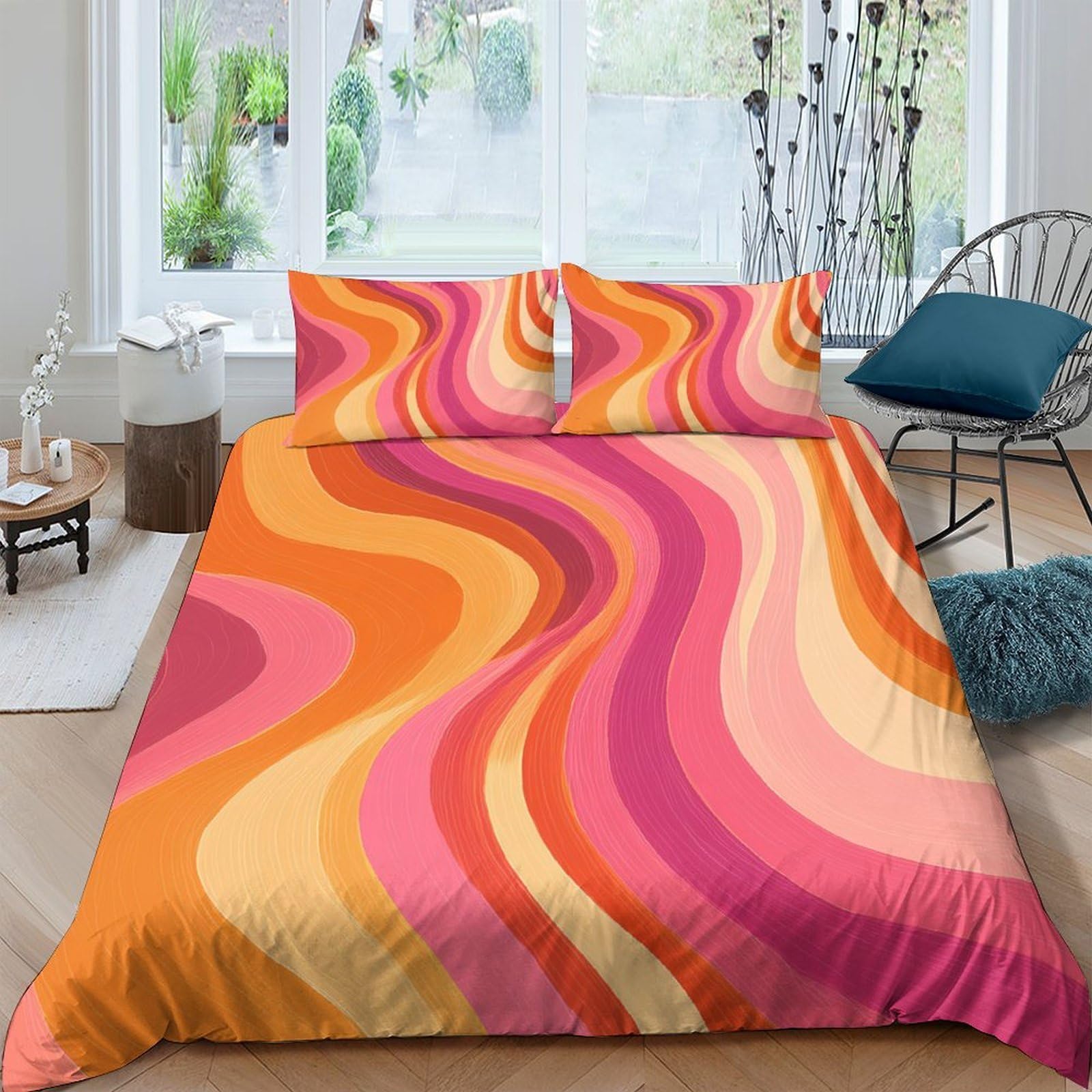 Ctjqhvkz Style-7 3D Printed Retro Wave Fitted Sheet Microfiber Soft Orange Pink Swirl Mattress Cover Bedroom Decor Single（135X200cm）