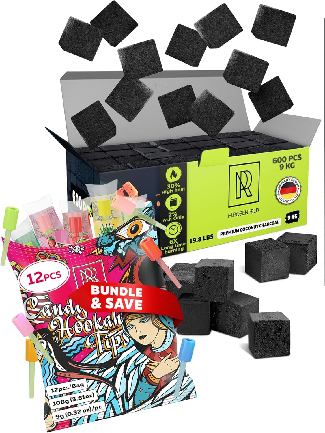 600 pcs Hookah Charcoal Hookah Coals for Hookah Coconut 25mm Cubes & Candy Hookah Tips - 12 pcs Glow in The Dark Jolly Tips