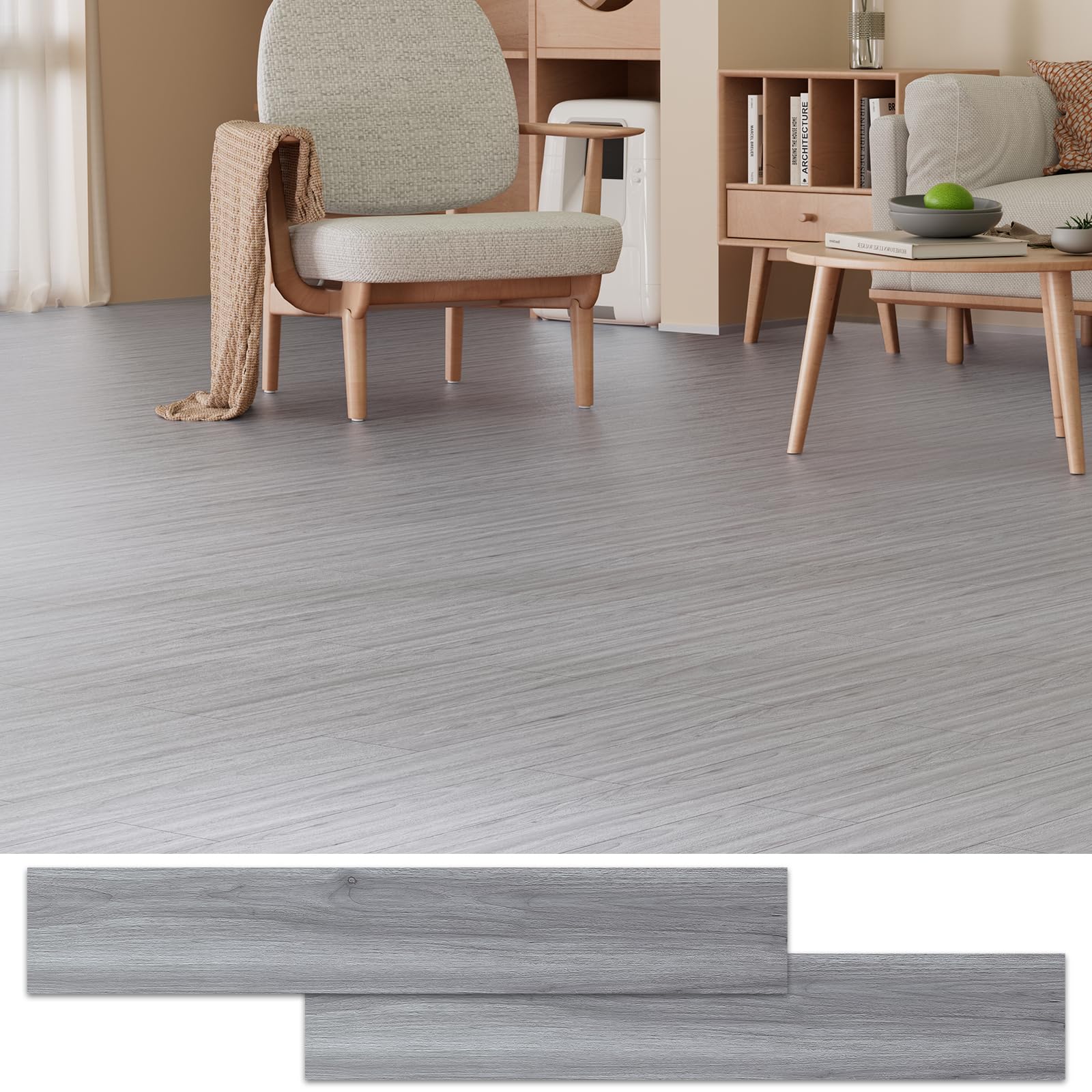 peel and stick floor tile, 36 pcs 54 sq.ft waterproof wood grain luxury vinyl plank flooring, easy diy self adhesive vinyl floor for kitchen, living room, bedroom, rv, medium gray