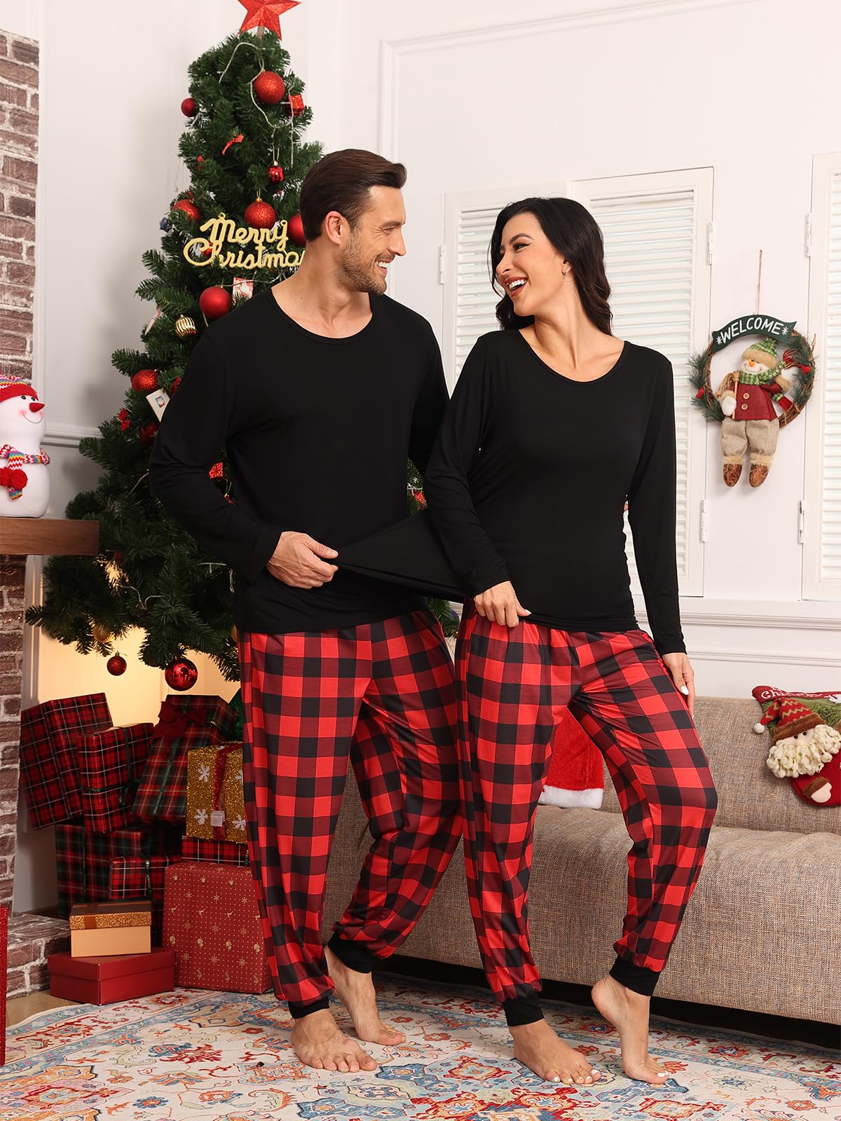 Conjunto de pijama a cuadros a juego para parejas, pijamas de Navidad para hombres y mujeres, conjunto de ropa de dormir de manga larga con bolsillos, S-2XL