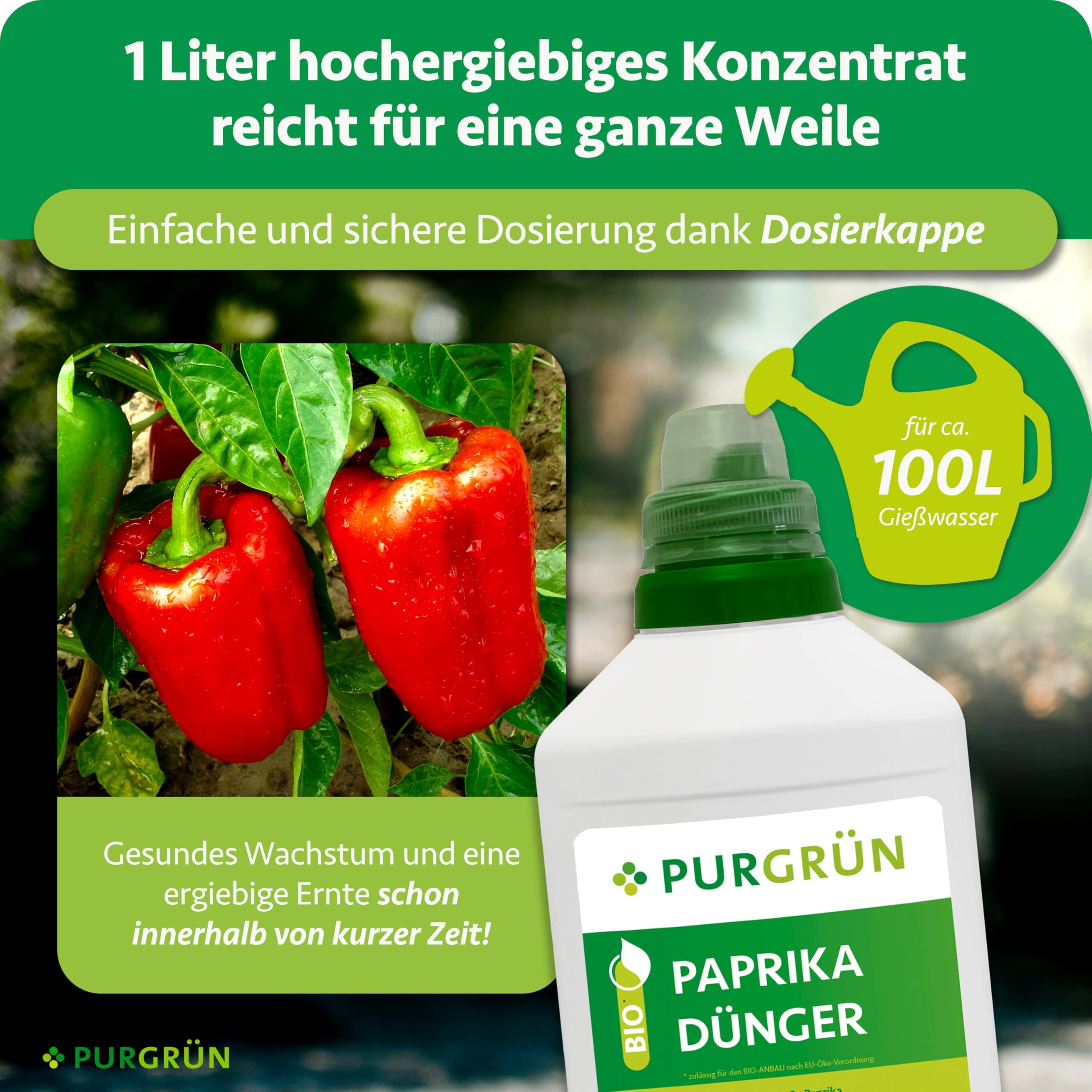 Bio-Paprika-Dünger 1 Liter – Aromatische Paprikaschoten dank Spezial-Rezeptur – Premium-Dünger für den biologischen Anbau – Ohne tierische Inhaltsstoffe – Konzentrat für 100 Liter Wasser