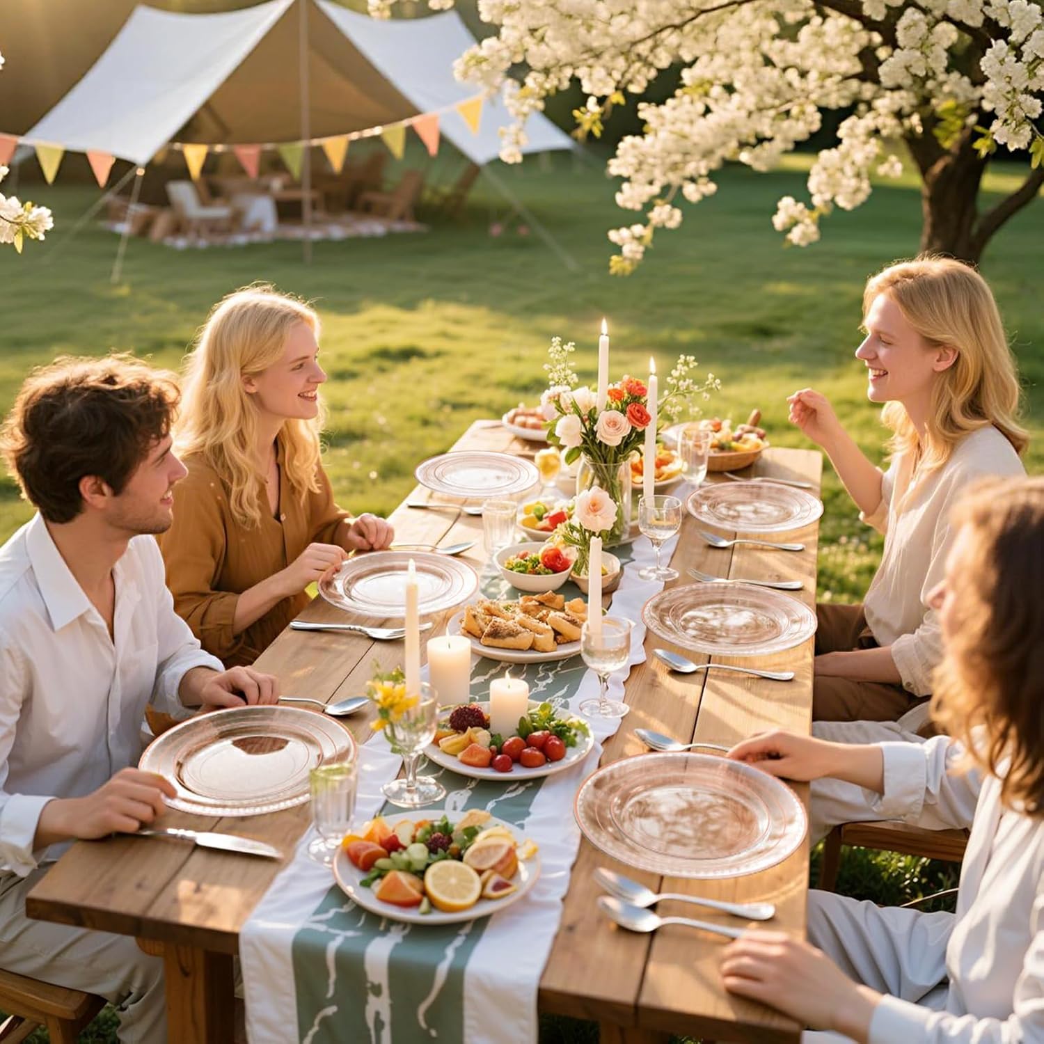 GATHER 350PCS Rose Gold Plastic Plates - Disposable Rose Gold Dinnerware Includes 100 Clear Rose Golds Rimmed Plastic Plates, 150 Silverware, 50 Napkins, 50 Cups for Party, Wedding, Valentine's Day - Image 9