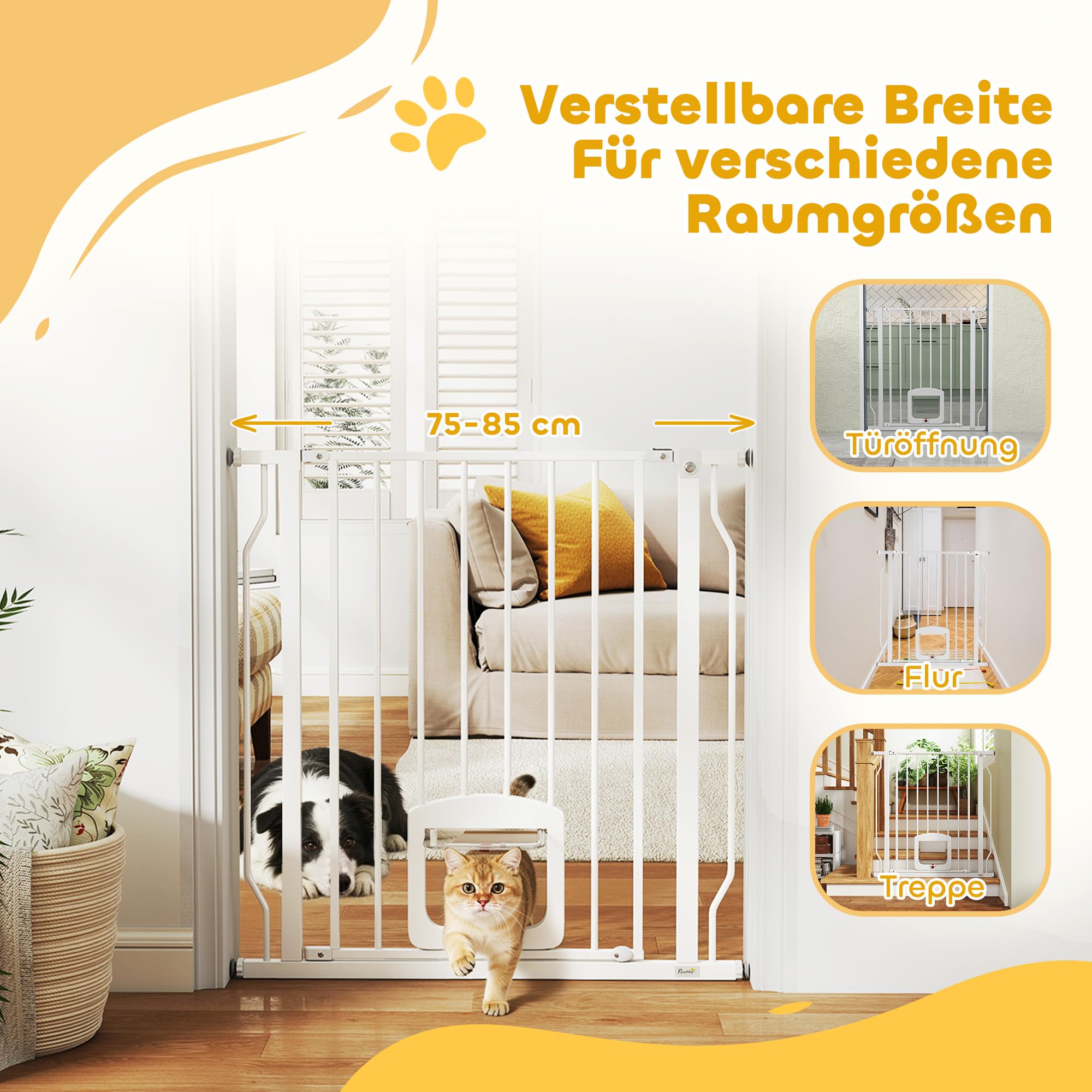 PawHut Treppenschutzgitter mit Katzenklappe ohne Bohren 75-85 cm Weiß