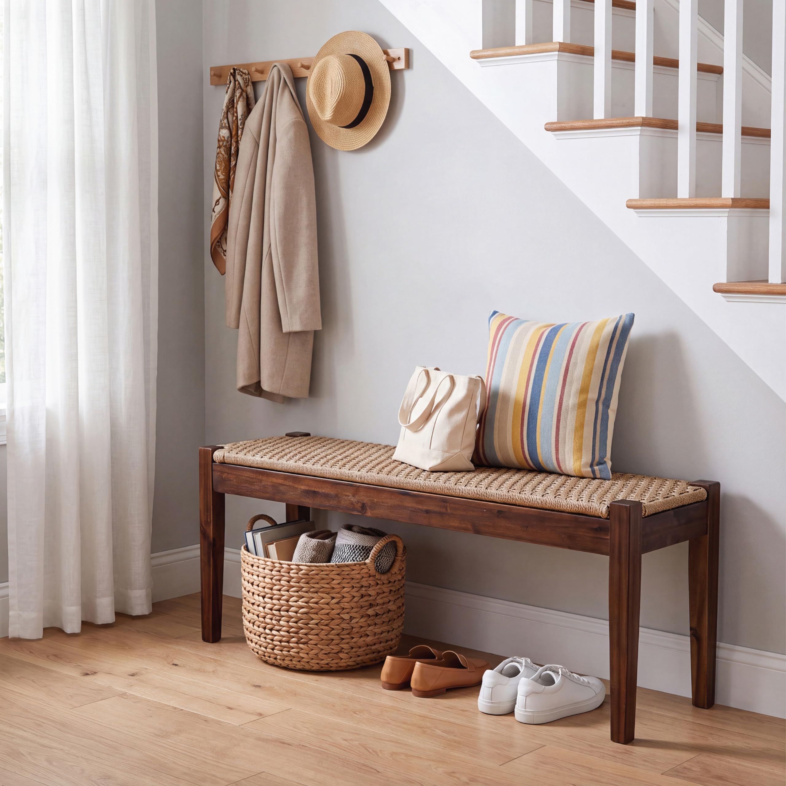 Vintage Entryway Bench with Woven Rope Seat, 46" Acacia Wood, Dark Brown