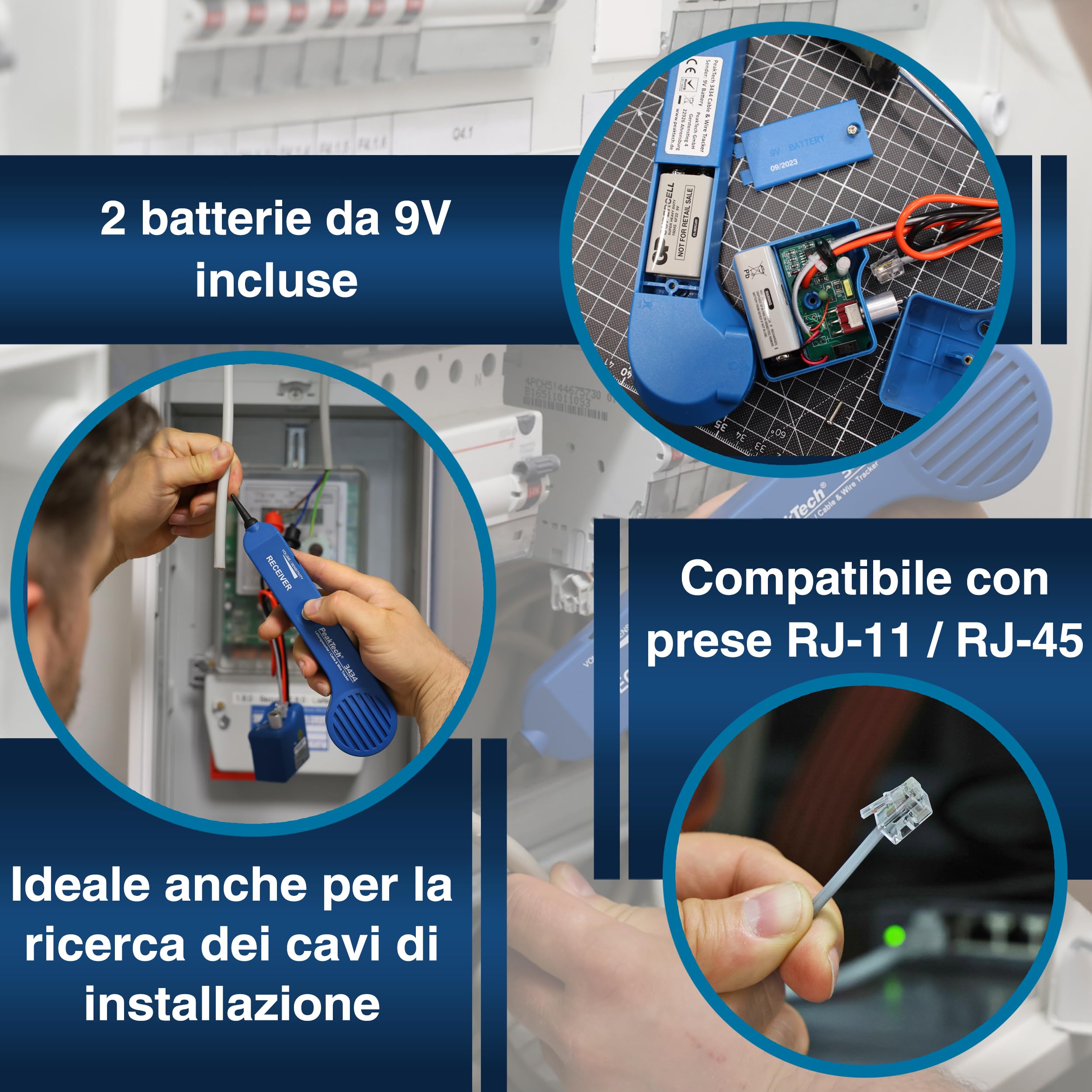 PeakTech 3434 Cercatore di linee per cavi e cavi telefonici [garanzia di 3 anni] Cercatore di linee con tester di continuità e segnale audio, clip a coccodrillo, telefono, RJ11