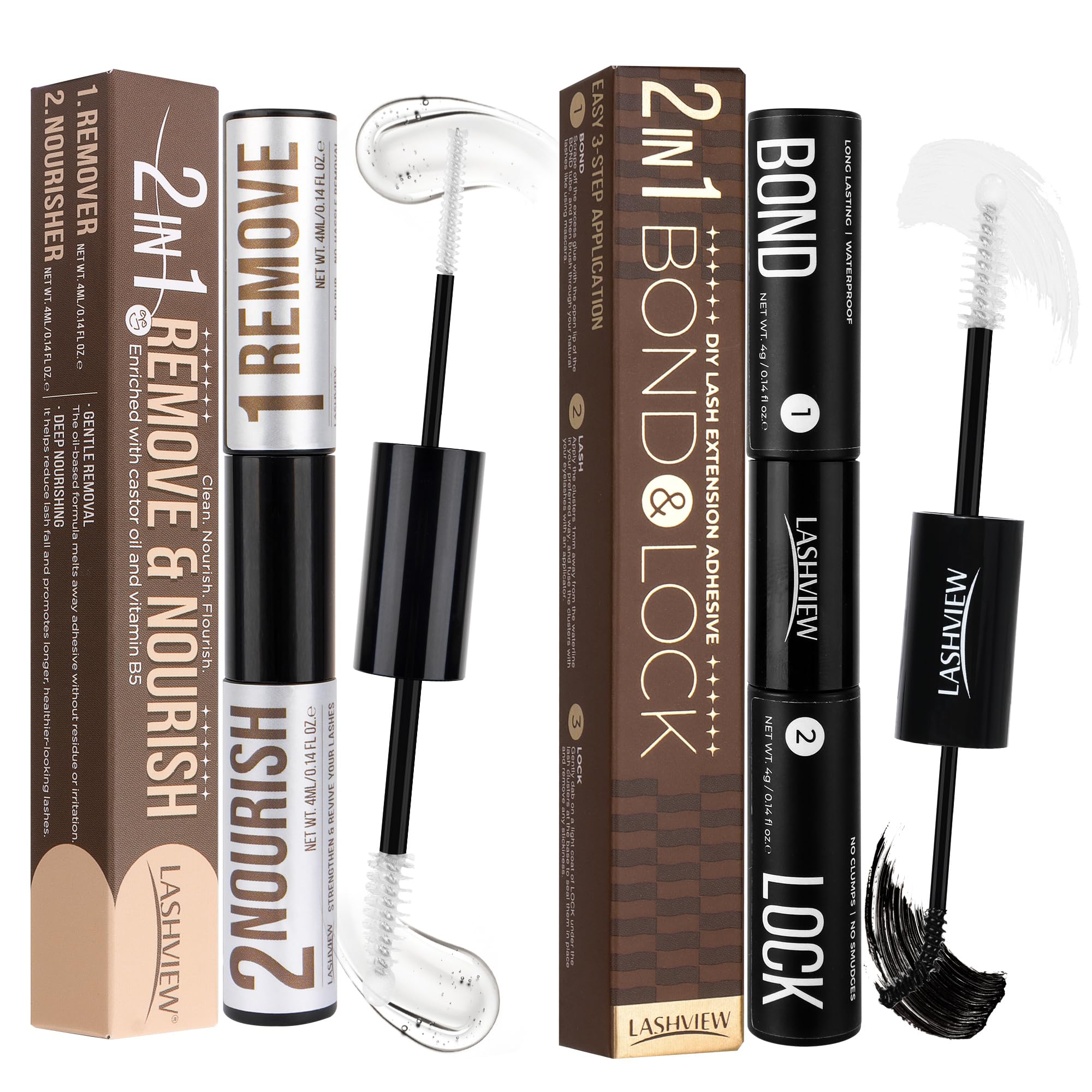 LASHVIEW Lash Bond and Seal & Lash Reomver and Conditioner Kit, Hold on 7-Day+, Waterproof & Latex-Free, 5s Lash Cluster Remover and Conditioner,