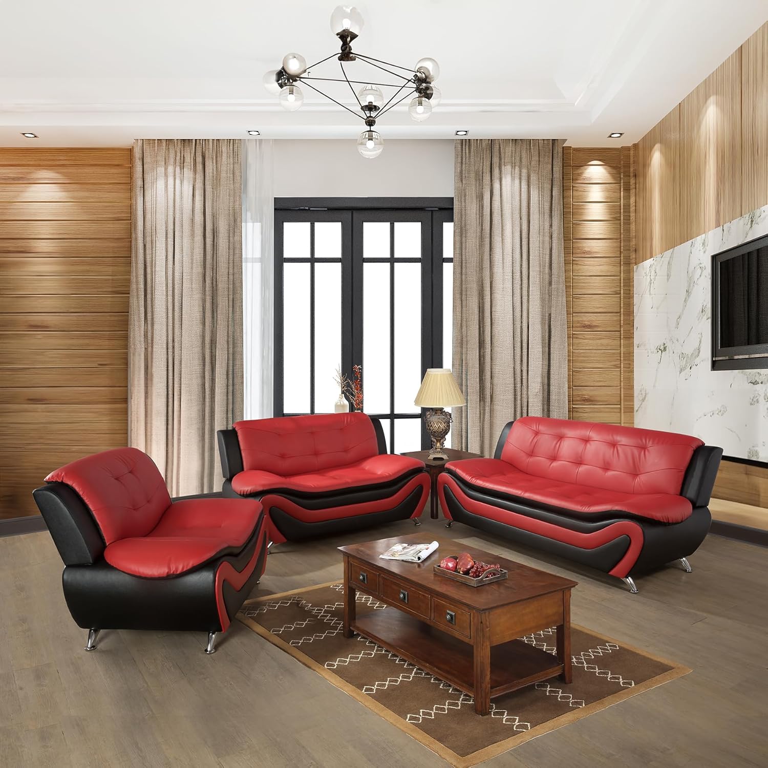 Beverly Fine Furniture Maidstone 3 Piece Faux Leather Living Room Set, Red