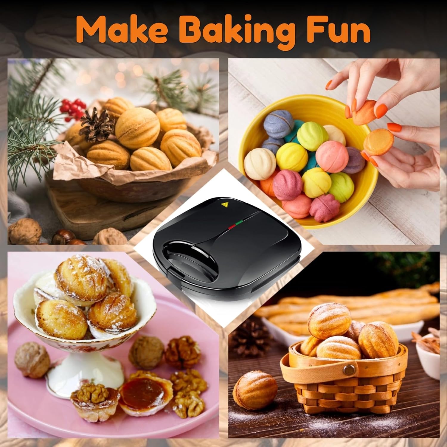 Walnut Cookie Maker 12 Holes, Electric Walnut Cake Mold Maker, Non Stick Oreshki Cookies Maker, Double-side Heating Mini Nut Cookies Maker Machine Oven Cookies Baker Machine