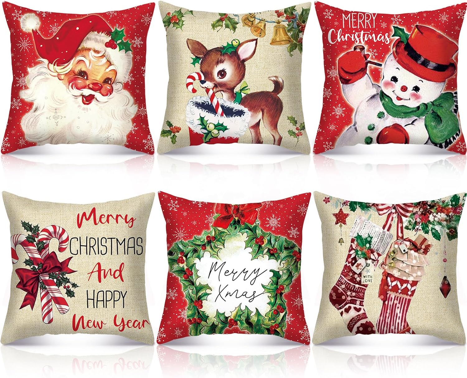 FuWeave Vintage Christmas Pillow Covers 18x18 Set of 6 Red
