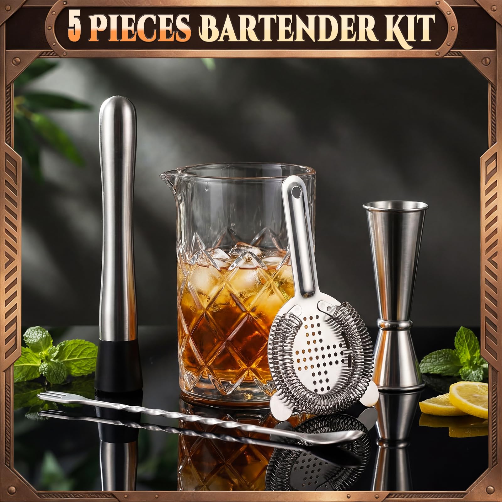 Zhehao Set di 5 bicchieri da cocktail da 652 g, con fondo spesso in cristallo, cucchiaio, misurino, colino e pestello, kit per mescolare cocktail da bar, regali per dilettanti e baristi