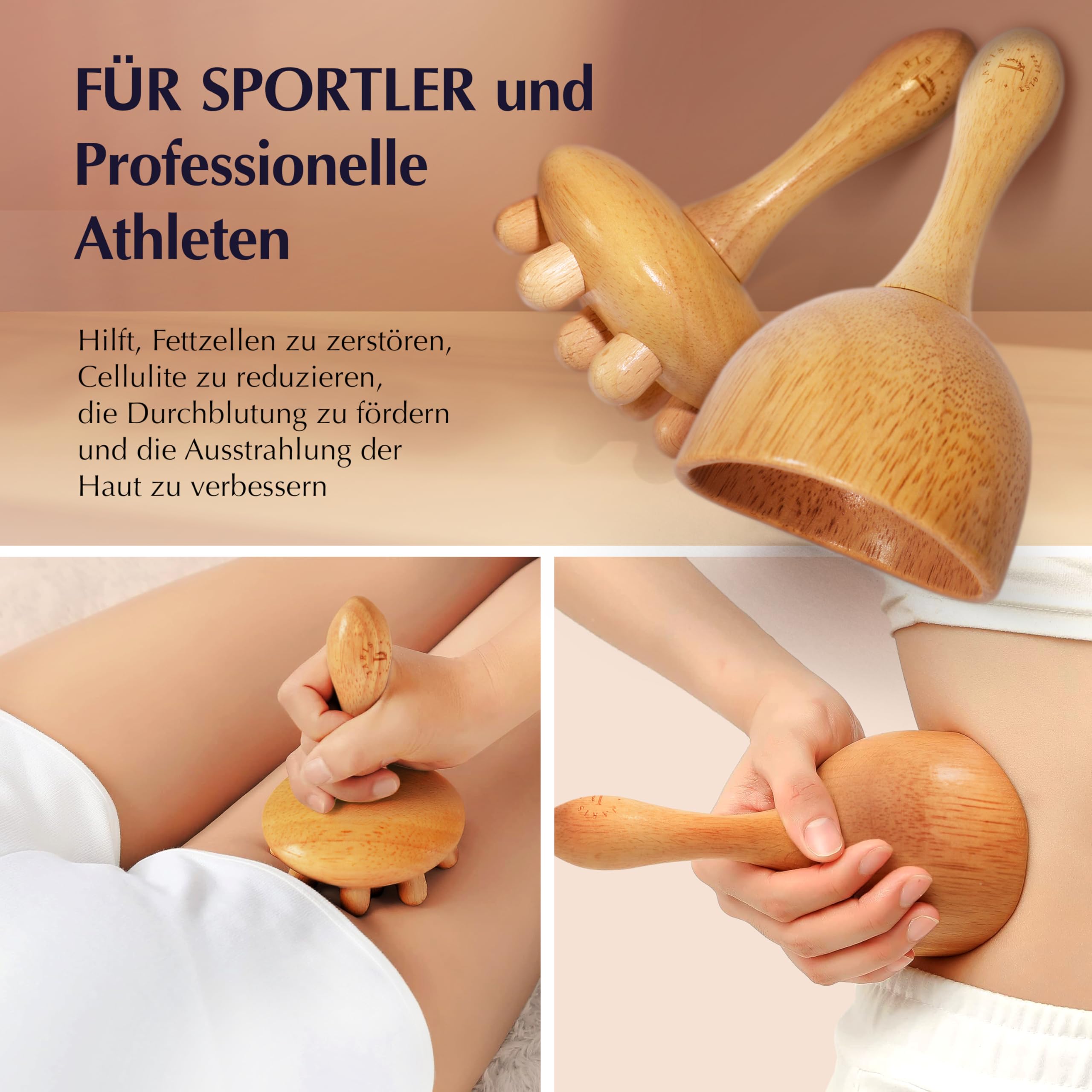 JARIS – Maderotherapie Set 5-teilig – Holz Massagegeräte gegen Cellulite – Wood Therapy Massage Tools für Bauch Beine Po – Professionelles Maderotherapie Kit mit Anleitung QR Ecofriendly