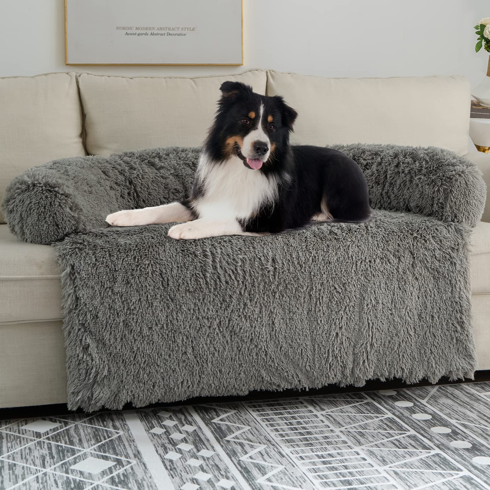 SyalifeShaggy Plush Calming Dog Couch Bed Pet Protector, Fluffy Waterproof Lining and Nonskid Bottom, Dog Mat for Furniture Protector with Washable Cover(41"x37"x6", Light Grey)
