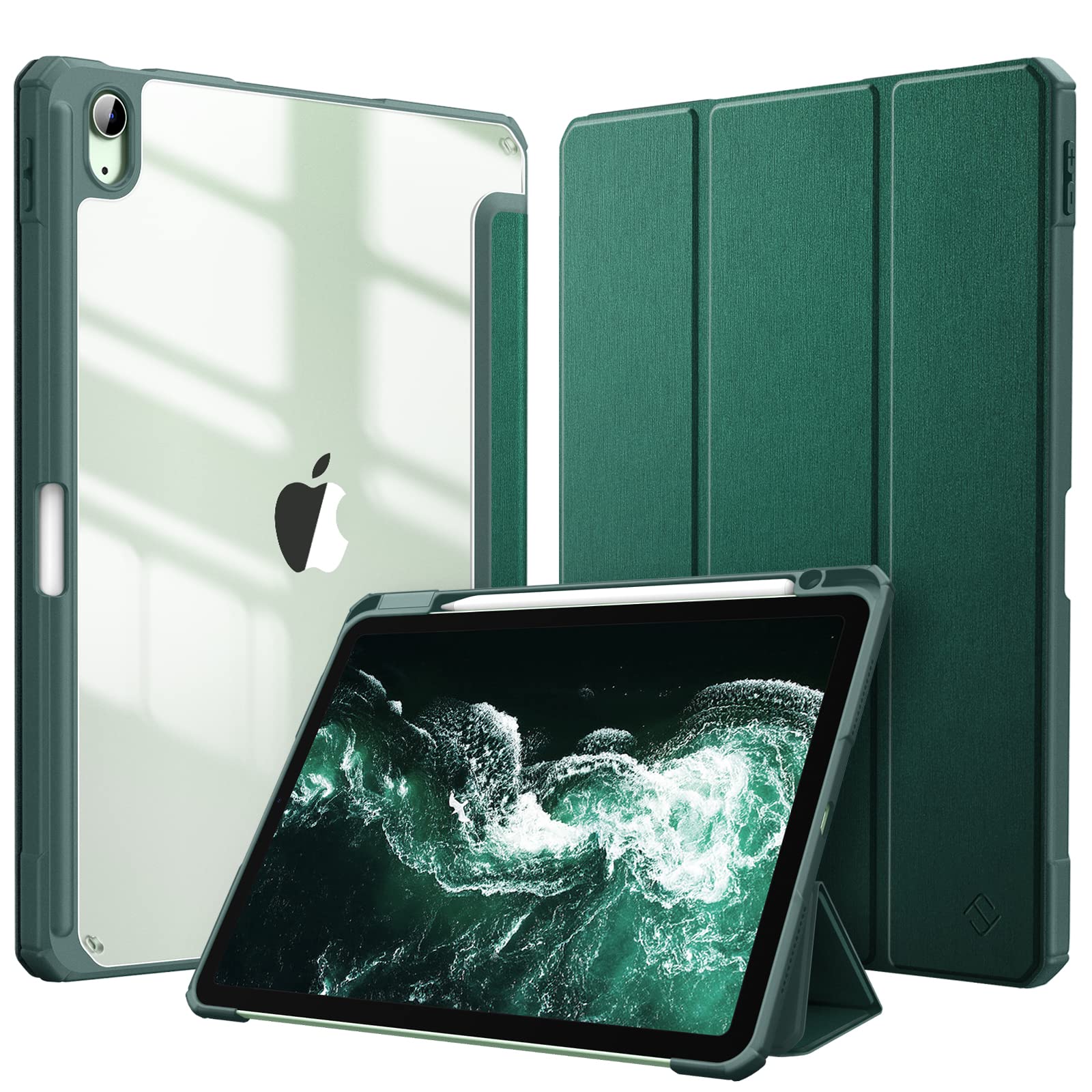 Fintie Hybrid Hülle für iPad Air 11 Zoll M4/M3/M2 (2026/2025/2024), iPad Air 5./4. Gen (2022/2020) 10,9 Zoll, mit Stifthalter, stoßfeste Schutzhülle mit transparenter Hartschale, Satinoptikgrün
