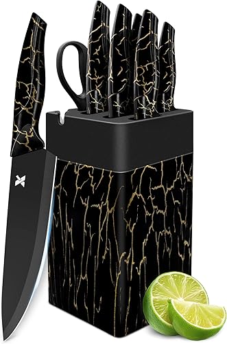 Juego de cuchillos de cocina de 8 piezas, acero inoxidable alemán de alto carbono, cubiertos aptos para lavavajillas con afilador, color negro