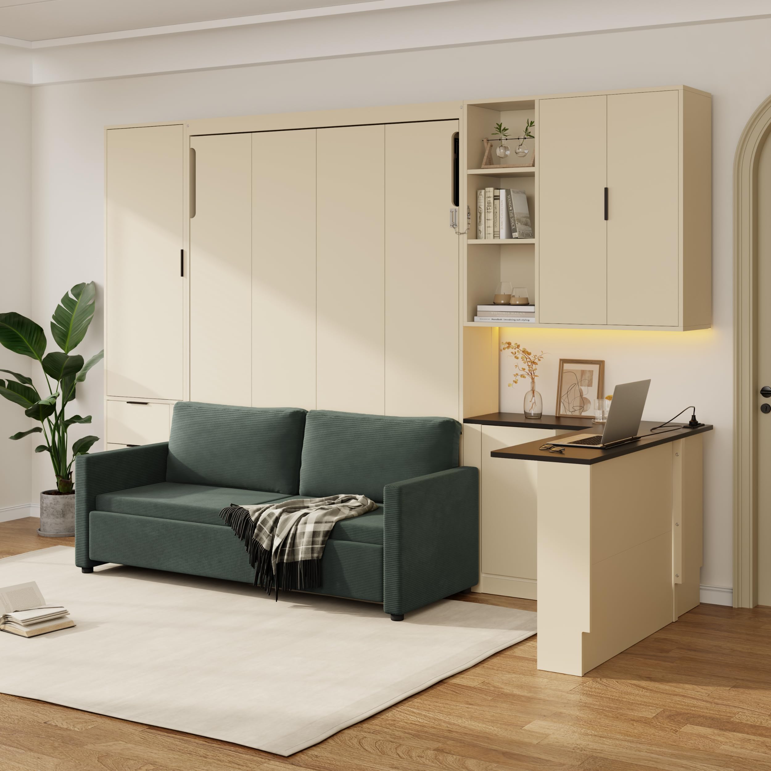 Merax Queen Size Wood Murphy Bed with Upholstered Sofa & Desk, Multifunctional Foldable Wall Platform Bed w/USB Charging — product photo