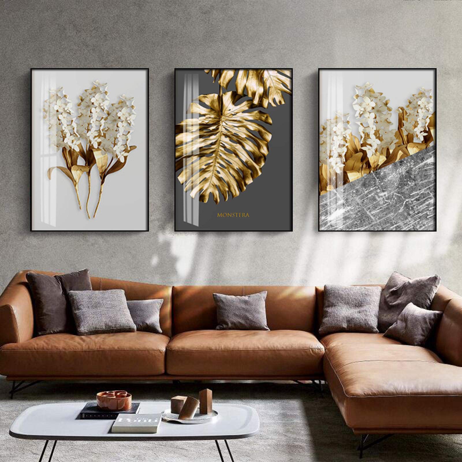 Salon Décor avec Tableau Plumes Noires et Blanches Or Abstrait 3 pièces