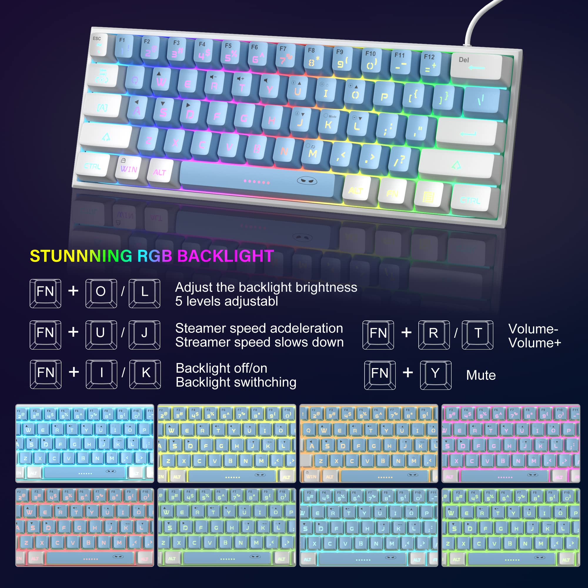 MageGee TS91 Ergonomic Waterproof Mechanical Feeling Office Computer Keyboard Mini 60% Gaming Keyboard,RGB Backlit 61 Key Ultra-Compact Keyboard, for Pc,Mac,Ps4,Xbox One Gamer,USB-C(White&Blue) 4