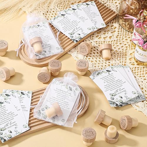 Miniatura 5 de Barydat 50 juegos de recuerdos de boda para invitados, botella de vino de madera grabada a granel, corchos, tapón de vino con tarjetas de