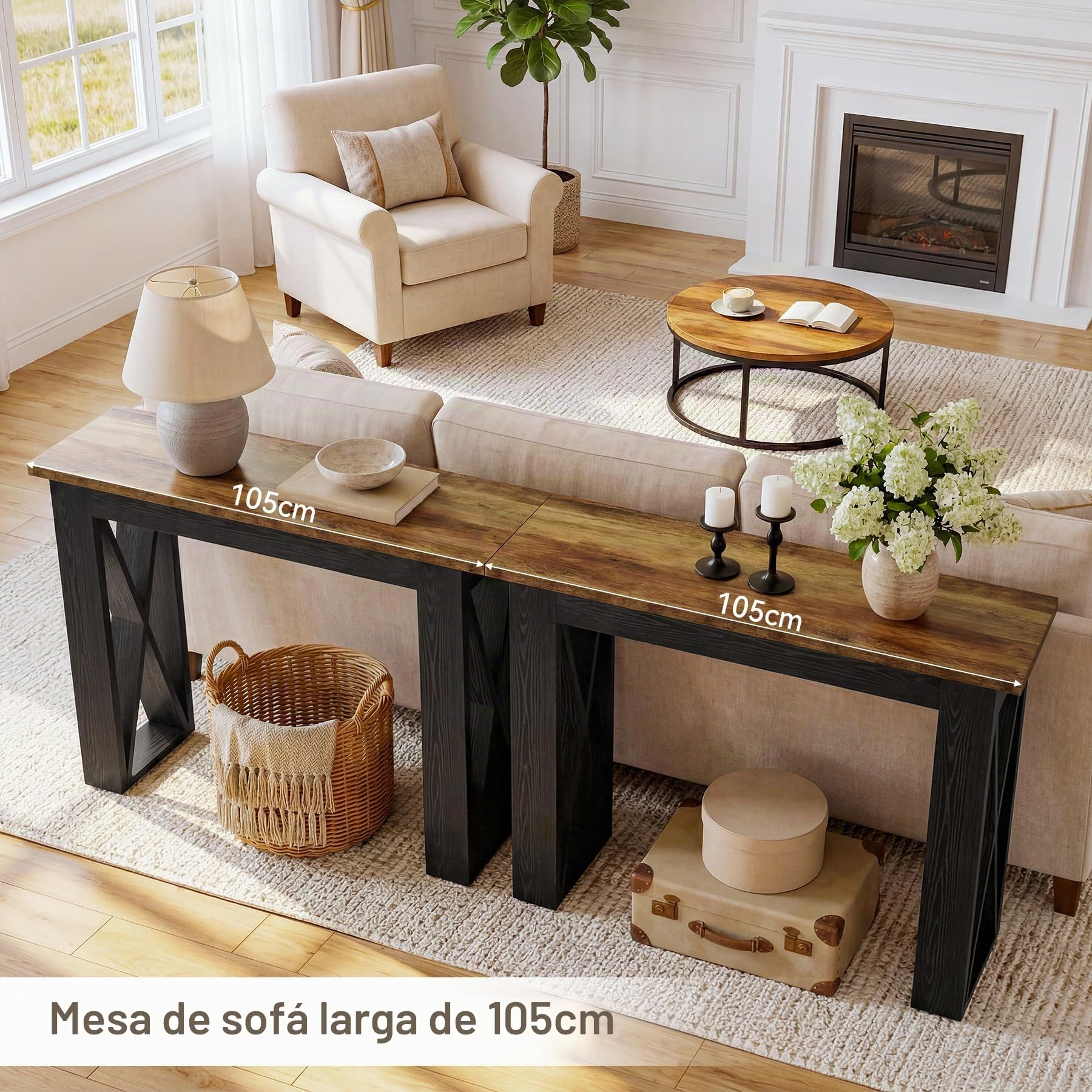 Tribesigns Mesa Consola Estrecha Industrial de 105 cm, Consola de Entrada para Sofá con Patas Metálicas para Salón, Entrada, Cocina, Dormitorio, Marrón Rústico y Negro